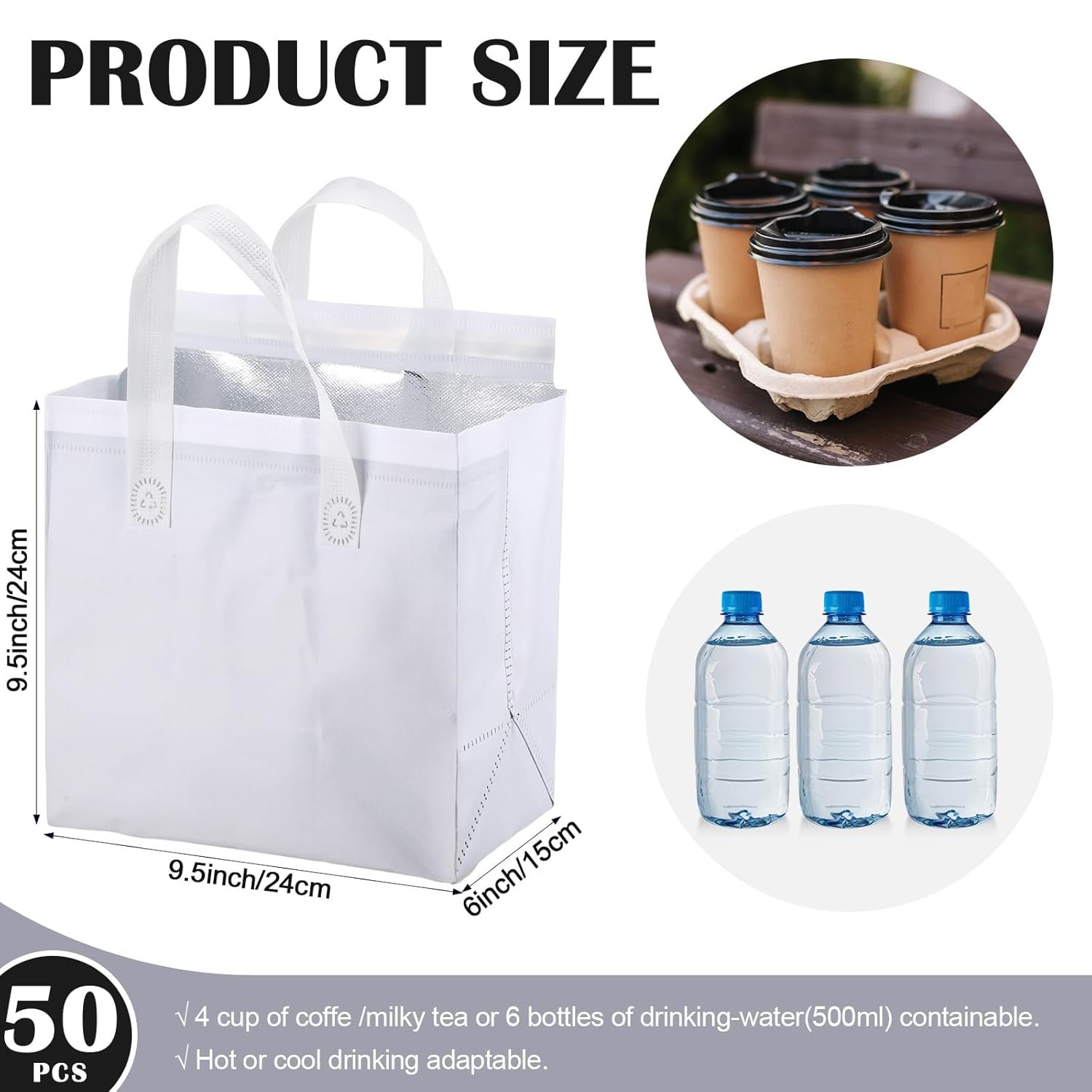 Gyártó 50 db izotermikus elviteles táska nagy tételben kávéhoz tejteához forró hideg friss ételekhez tengeri termékekhez catering étterem élelmiszerüzlet (24x24x15 cm fehér) egyedi logóval saját márkás