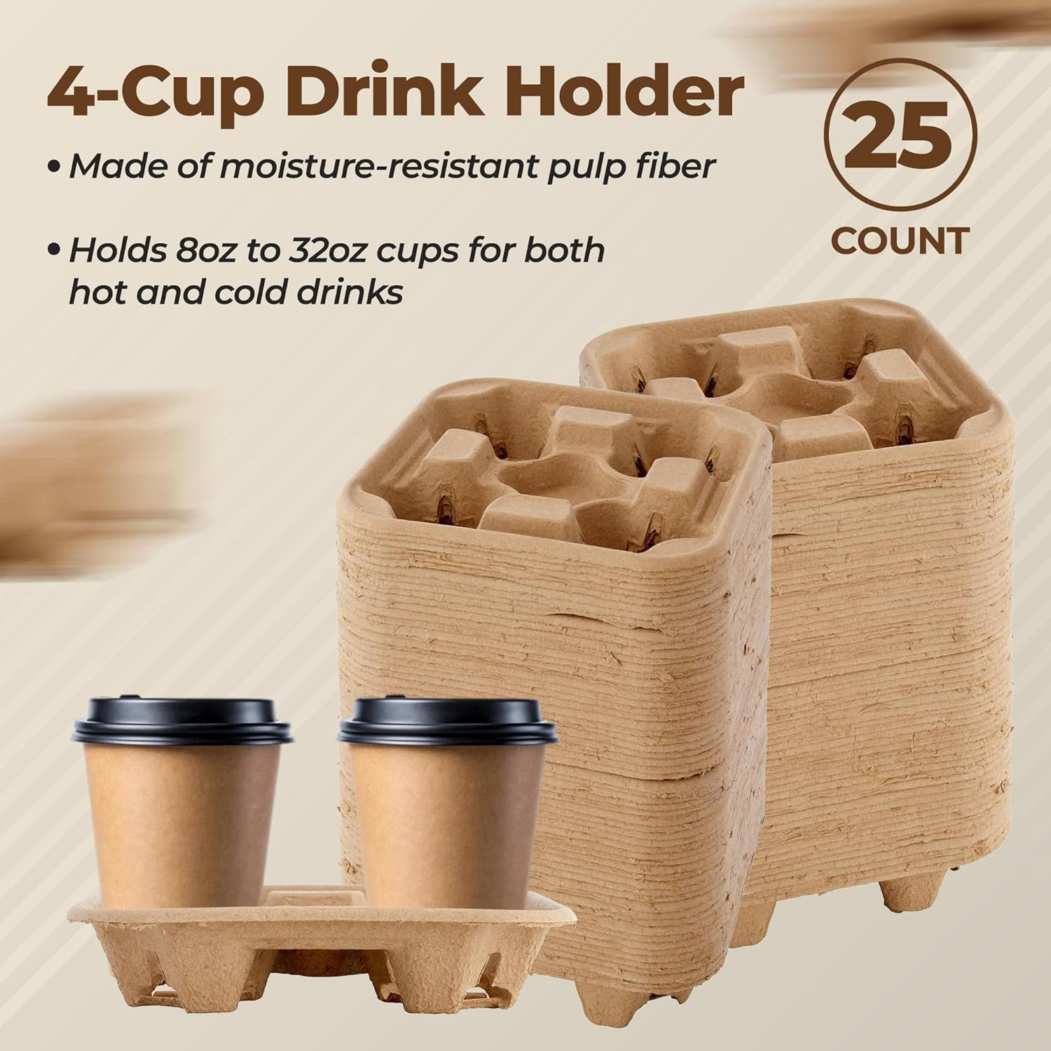 Egyedi Logóval Ellátott 4 Rekeszes Pohárhordó Tálca 8-32 oz 25 db-os Komposztálható Papírmasszából Elviteles Szállítási Tálca Meleg Hideg Italokhoz Éttermek Kávézók Uber Eats Saját Márkás Megbízható Gyártó