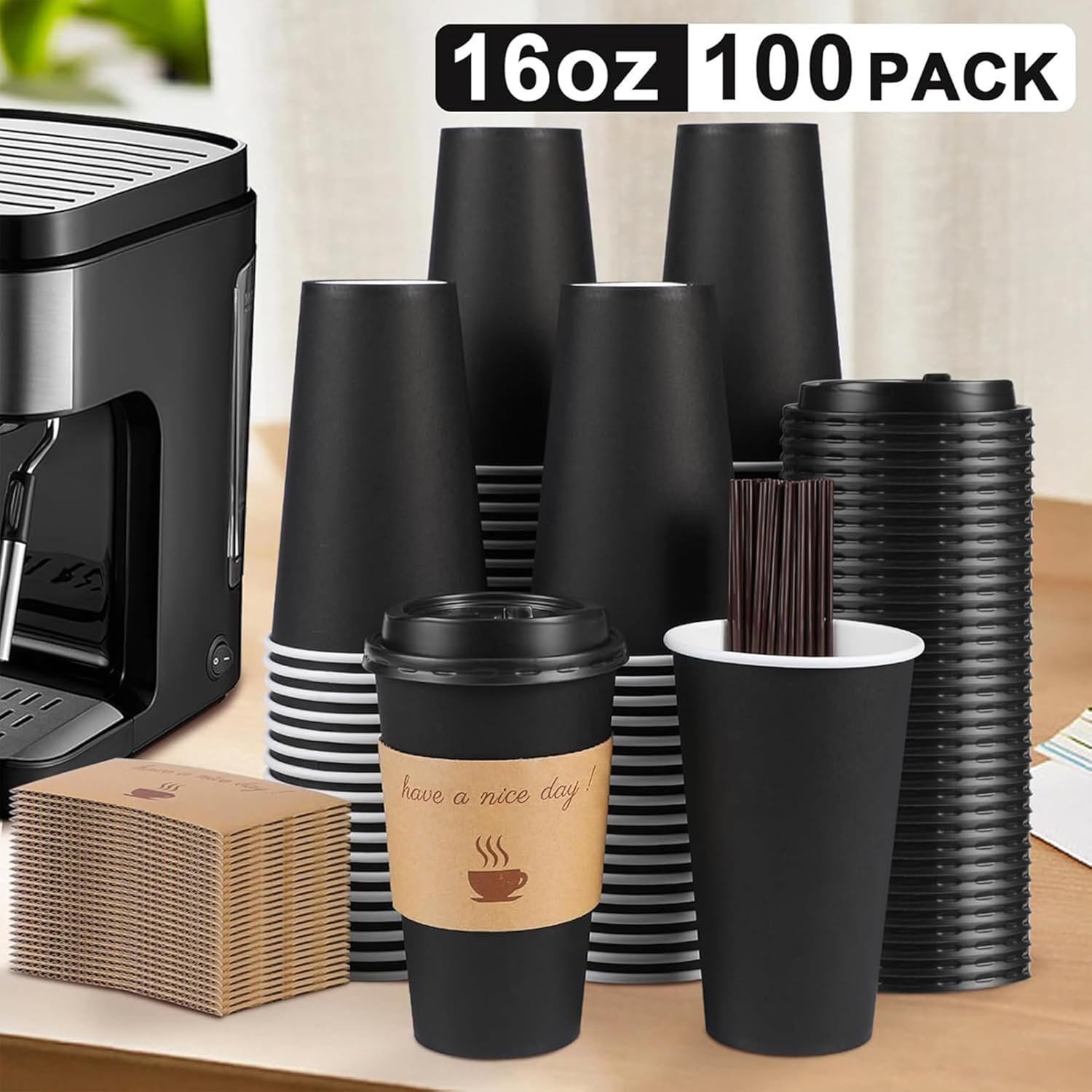 Saját Márkás 100 db 16 oz fekete eldobható elviteles papír kávéspoharak fedéllel hőszigetelővel keverőpálcákkal Egyedi Logóval meleg hideg italokhoz irodába otthonba boltba eseményre Beszállítótól