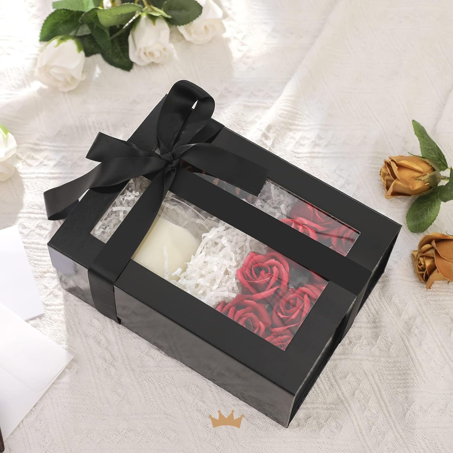 Saját Márkás Fekete Átlátszó Ablakos Ajándékdobozok Egyedi Logóval 5 db 23x16,5x9,7 cm Mágneses Tetős Fényes Fekete Vőfély Felkérő Szalagos Kártyás Dobozok Beszállítótól