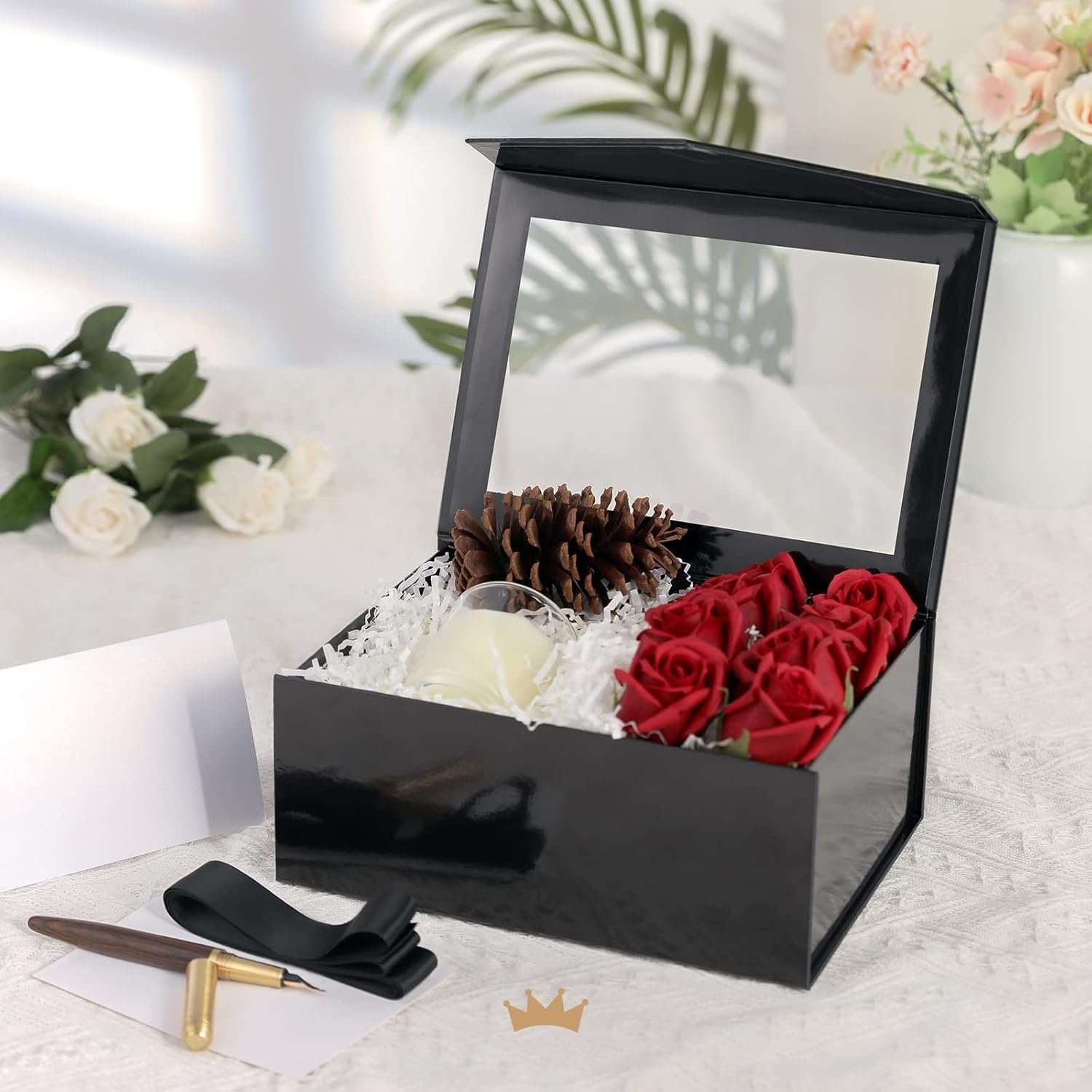Saját Márkás Fekete Átlátszó Ablakos Ajándékdobozok Egyedi Logóval 5 db 23x16,5x9,7 cm Mágneses Tetős Fényes Fekete Vőfély Felkérő Szalagos Kártyás Dobozok Beszállítótól