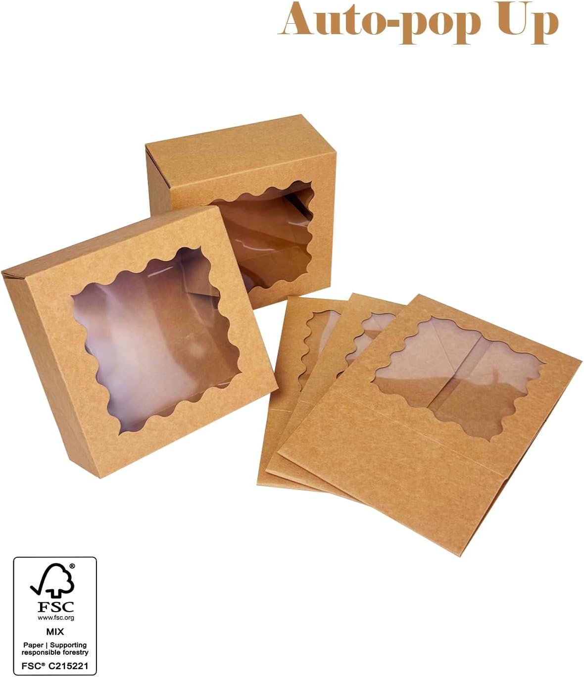 Saját Márkás automatikus kinyíló 6x6x3 inch barna sütemény doboz ablakkal 30 db egyedi logóval cukrász makaron pékség csomagoláshoz gyártótól