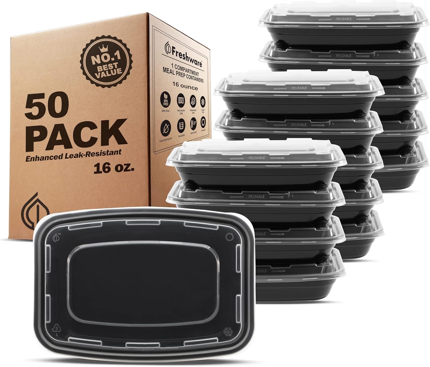 Egyedi Logó Étel-Előkészítő Konténerek [50 Db] 1 Rekeszes Fedeles Tárolók Bento Box BPA-Mentes Saját Márkás Rakásolható Mikrohullámú Mosogatógépes Fagyasztó Biztonságos Gyártó (16 oz)