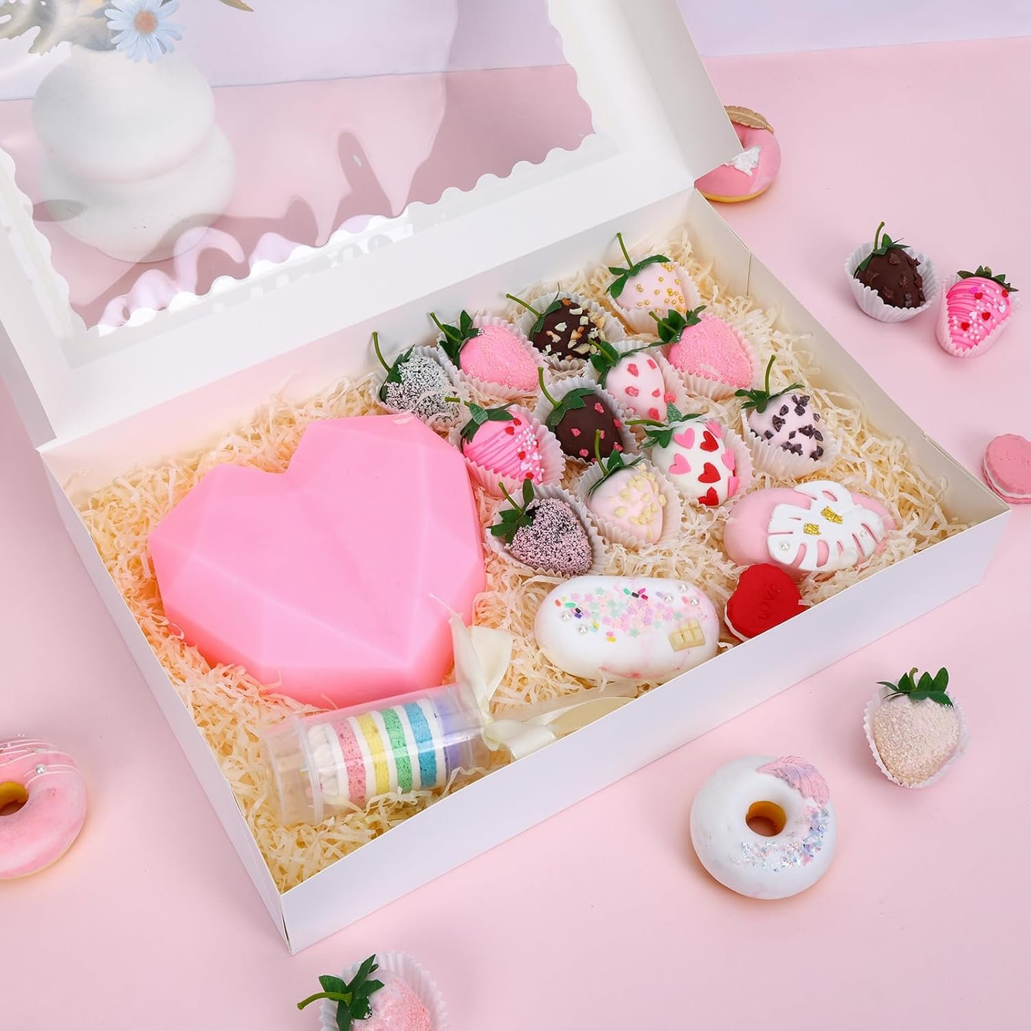 Saját Márkás Nagy Pékségi Dobozok Egyedi Logóval 40 db 41x28x6 cm Automatikus Pop-Up Ablakos Fánkokhoz Süteményekhez Pitákhoz Muffinokhoz Csokoládé Mázas Eprekhez Megbízható Gyártótól