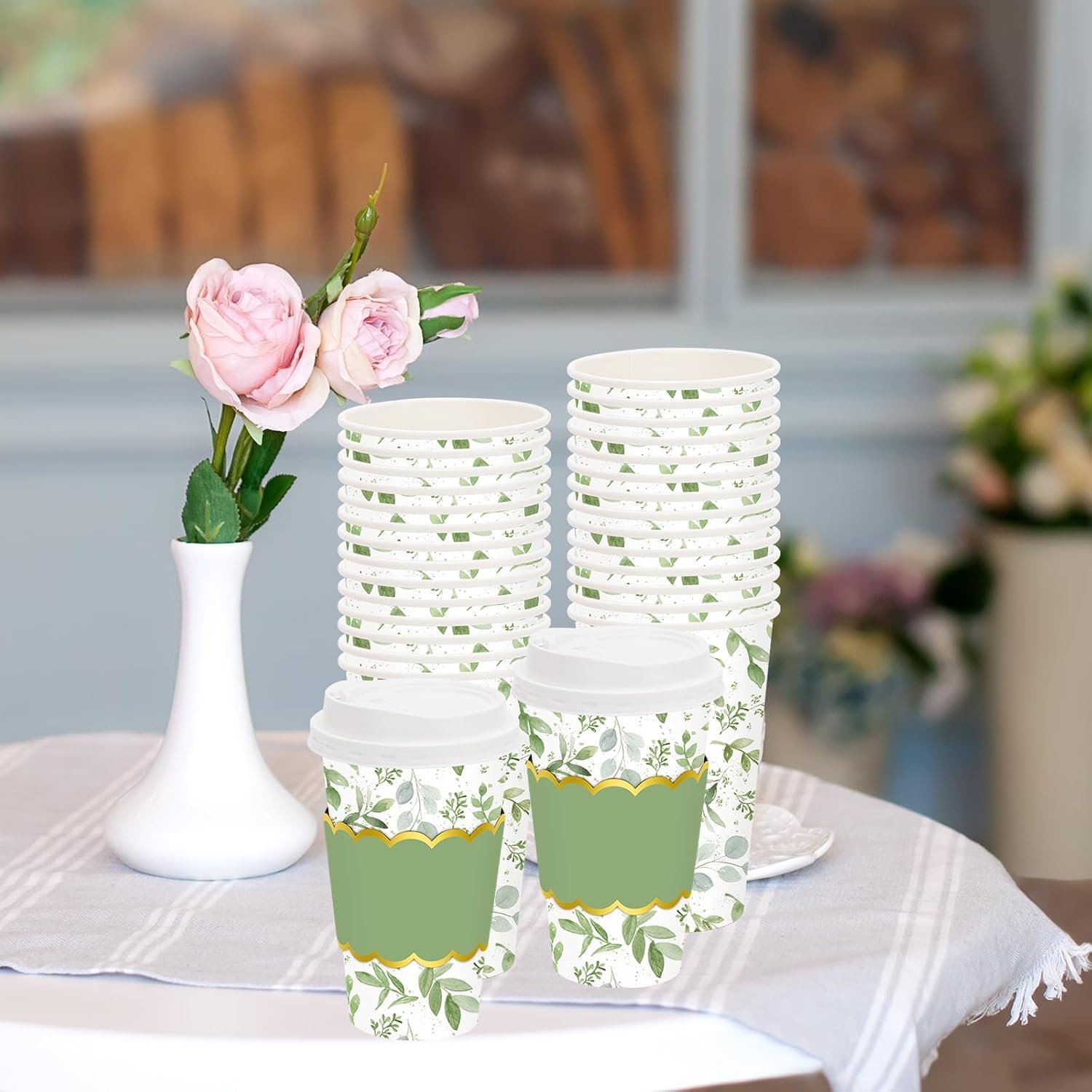 Saját Márkás 50 db 16oz Zöld Eukaliptusz Levél Mintás Fedeles Hüvelyes Papír Kávéspoharak Egyedi Logóval Egyszer Használatos Elvitelre Esküvők Kávézók Cappuccino Gyártótól