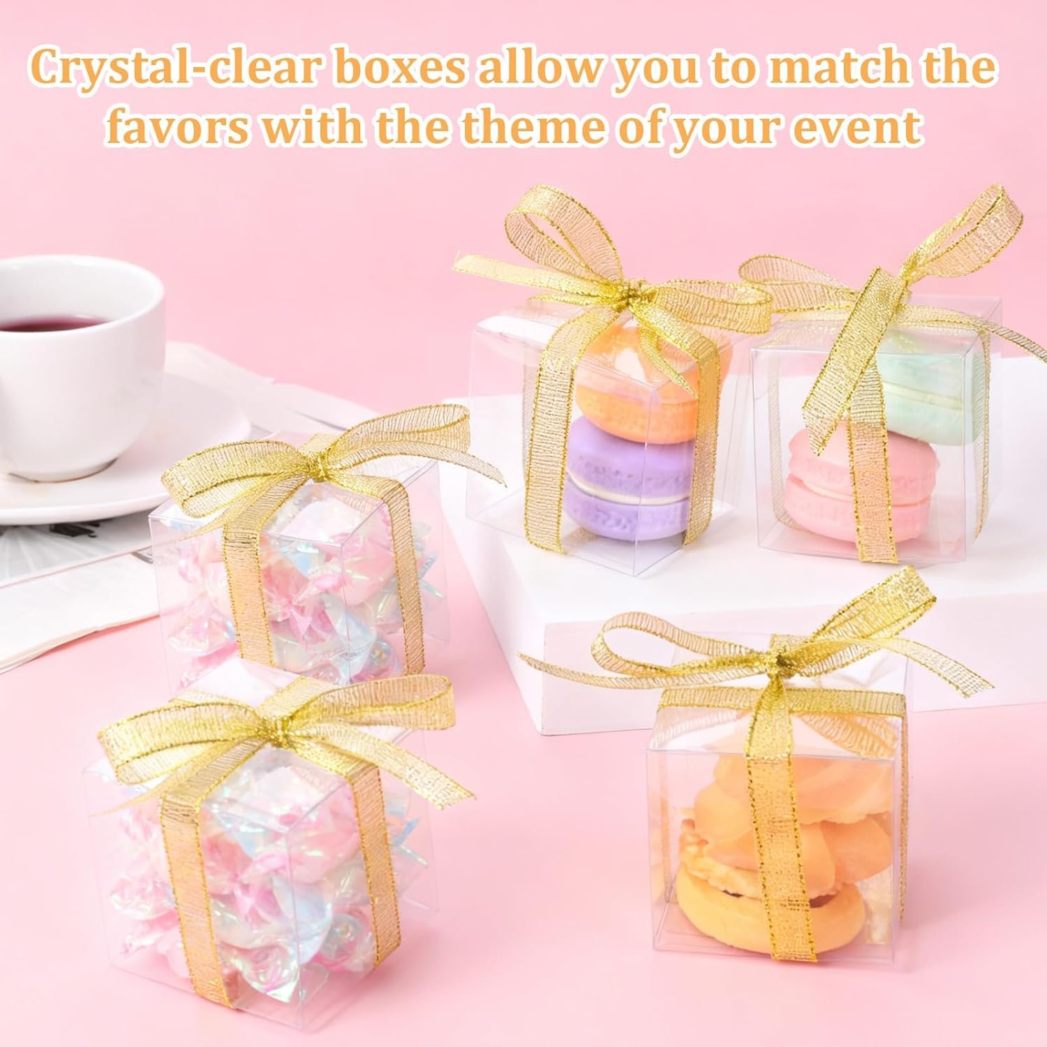 Egyedi Logós 200 db Átlátszó Szalaggal Mini Kocka Favor Dobozok 5x5x5 cm Saját Márkás Műanyag Cukorkatartók Macaron Esküvő Babazuhany Születésnap Party Favorokhoz Gyártótól