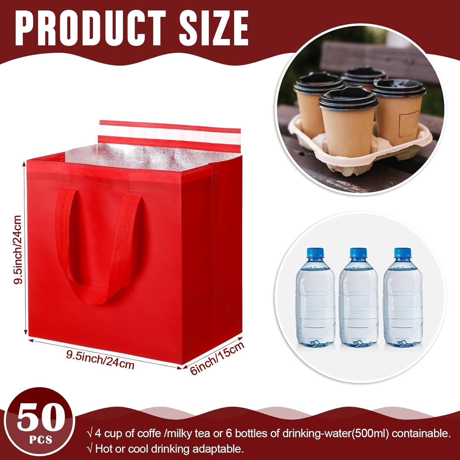 Egyedi logós hőszigetelt elviteles táskák 50 db nagy tételben piros 24x24x15 cm kávé tej tea meleg hideg friss étel tenger gyümölcsei catering étterem bolt számára saját márkás gyártótól