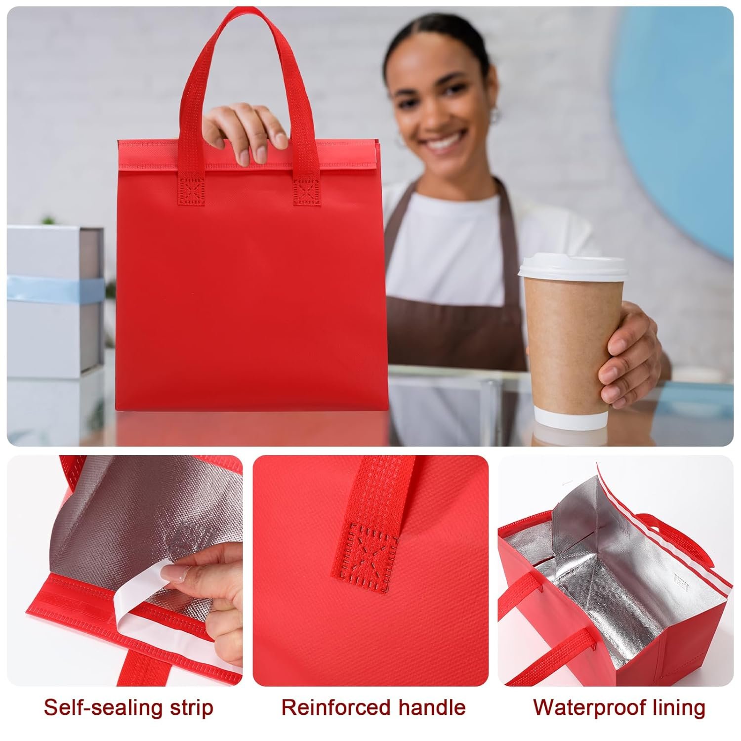 Egyedi logós hőszigetelt elviteles táskák 50 db nagy tételben piros 24x24x15 cm kávé tej tea meleg hideg friss étel tenger gyümölcsei catering étterem bolt számára saját márkás gyártótól