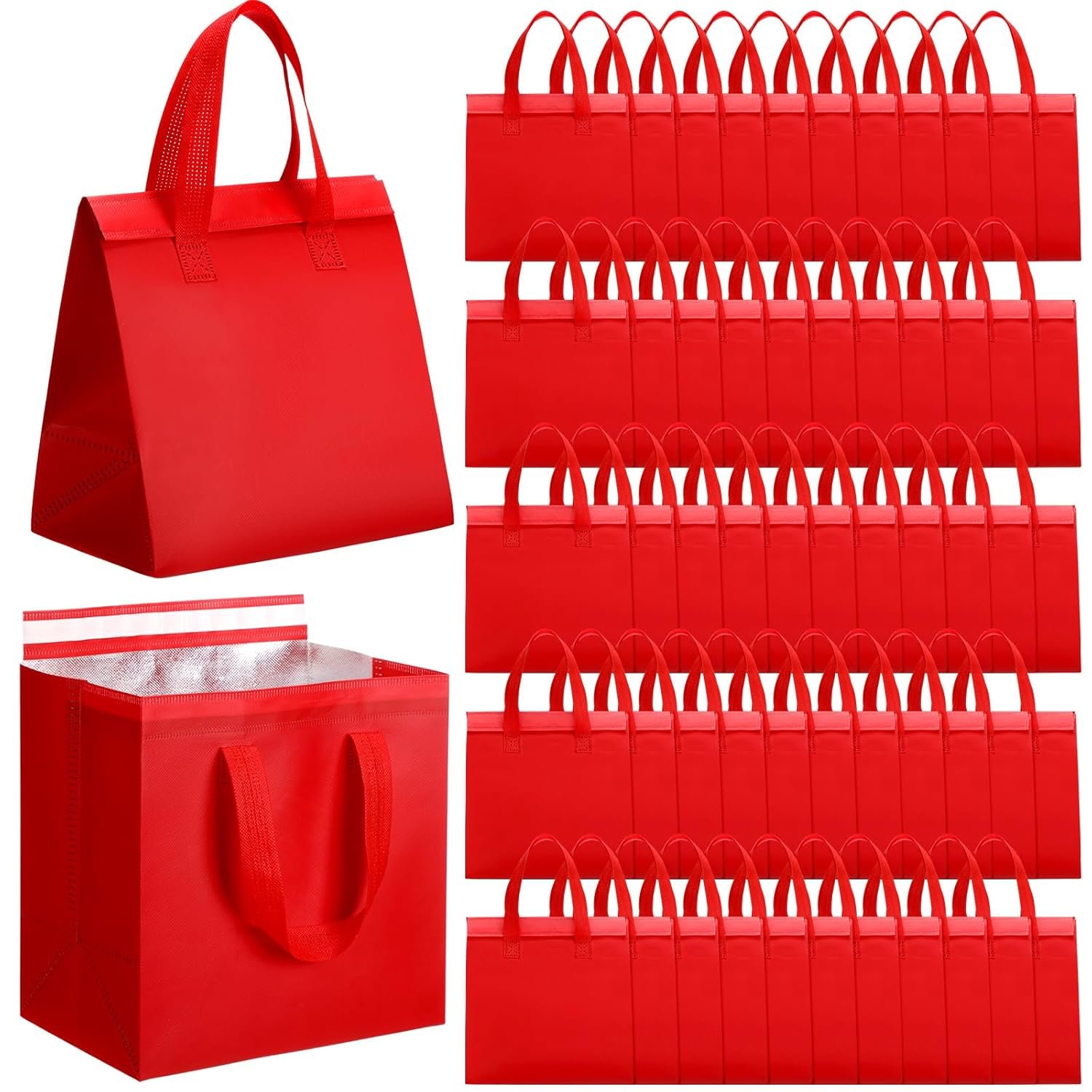 Egyedi logós hőszigetelt elviteles táskák 50 db nagy tételben piros 24x24x15 cm kávé tej tea meleg hideg friss étel tenger gyümölcsei catering étterem bolt számára saját márkás gyártótól