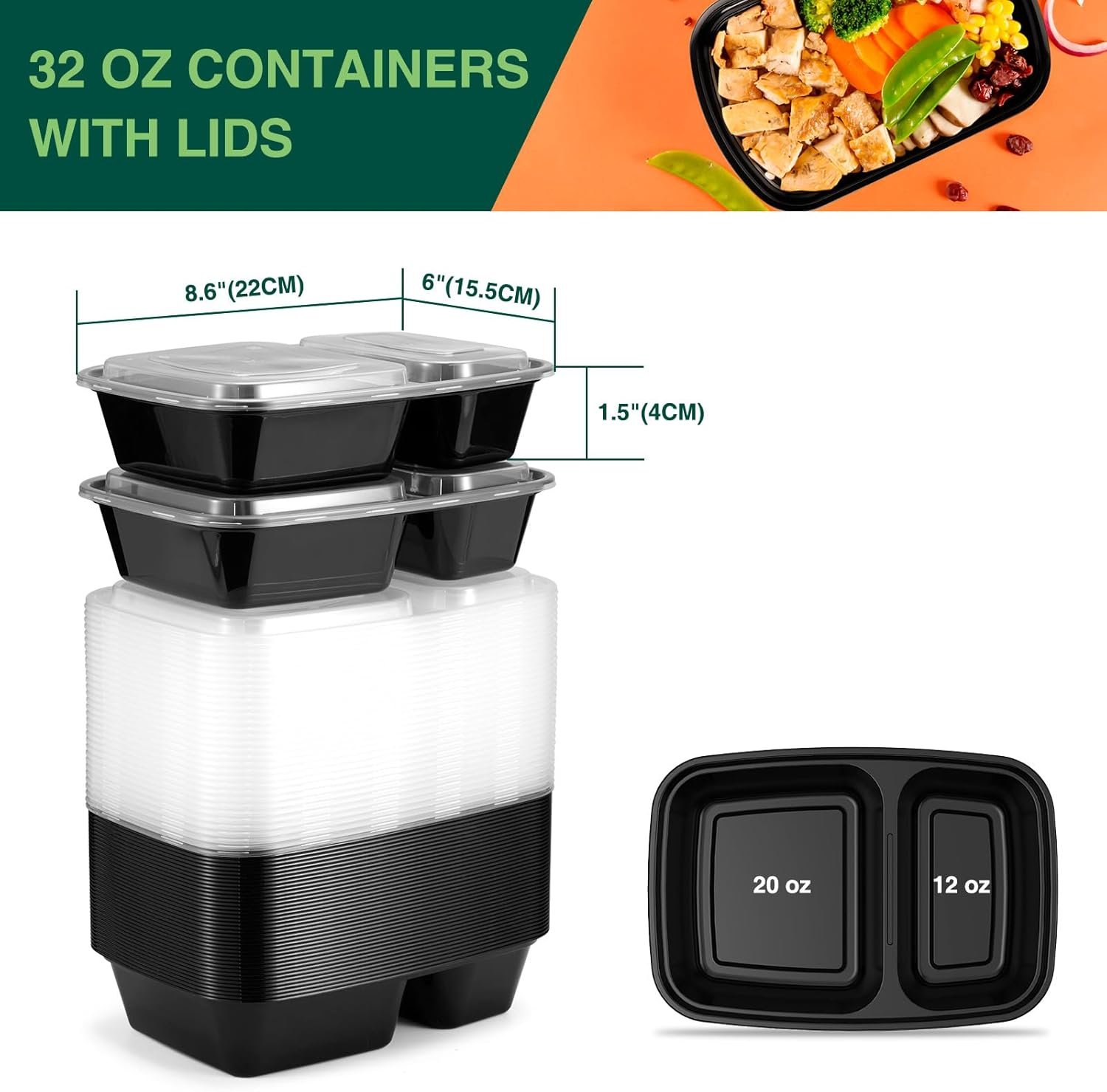 Saját márkás 50 db-os (100 részes) 32 oz strapabíró szivárgásmentes 2 rekeszes műanyag ételtároló dobozok fedelekkel egyedi logóval ebédhez mikrohullámú fagyasztó és mosogatógép biztonságos elviteles konténerek gyártótól