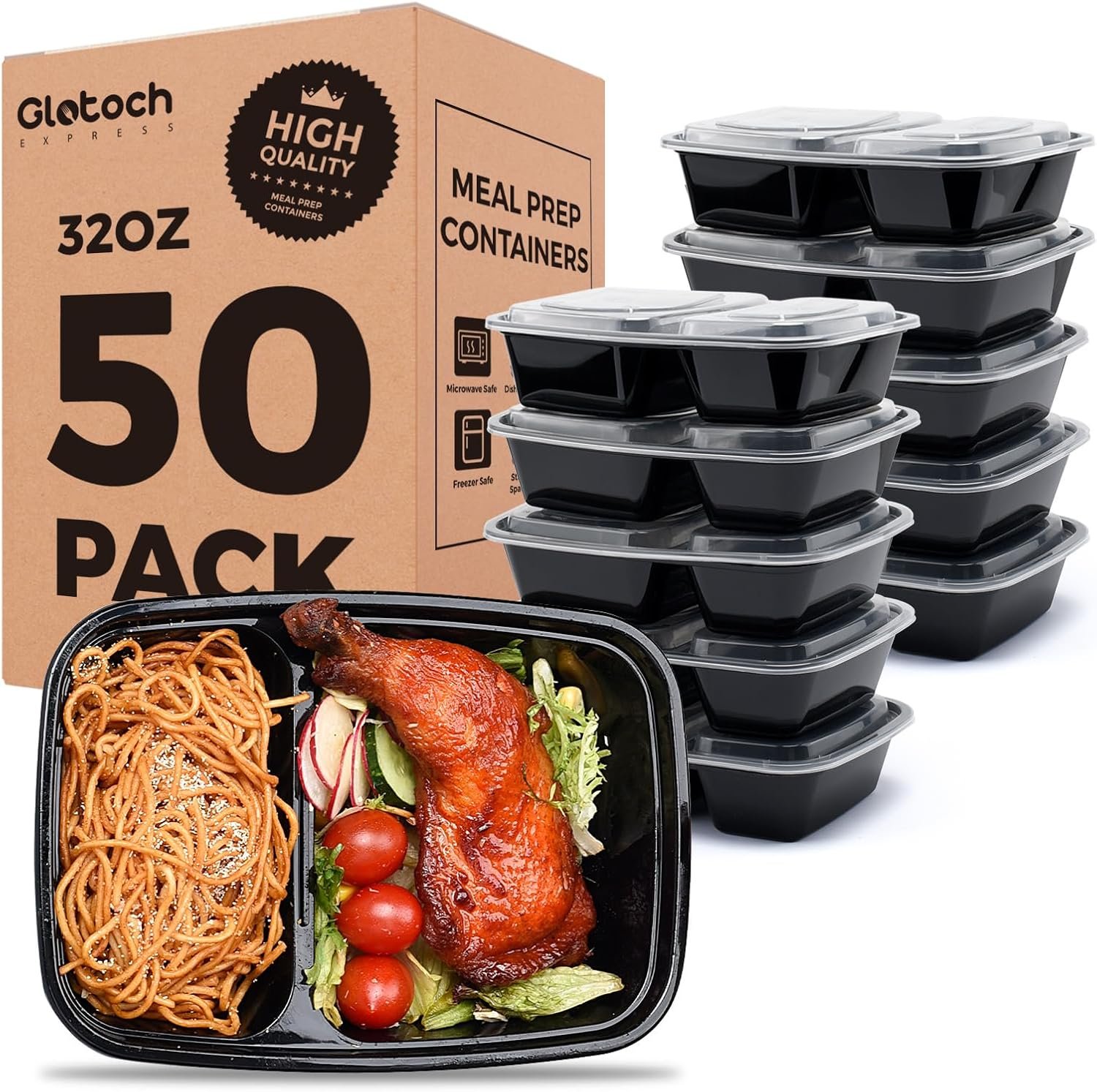Saját márkás 50 db-os (100 részes) 32 oz strapabíró szivárgásmentes 2 rekeszes műanyag ételtároló dobozok fedelekkel egyedi logóval ebédhez mikrohullámú fagyasztó és mosogatógép biztonságos elviteles konténerek gyártótól