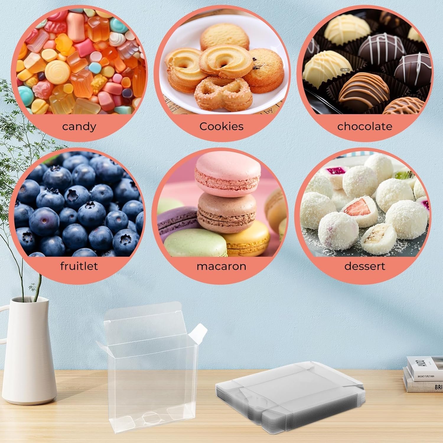 Saját Márkás 30 db 4x4x1.2 hüvelyk teljes ablakos műanyag átlátszó kis csomagoló dobozok egyedi logóval keksz csokoládé macaron cukorkához esküvő karácsony fesztivál ajándék gyártótól