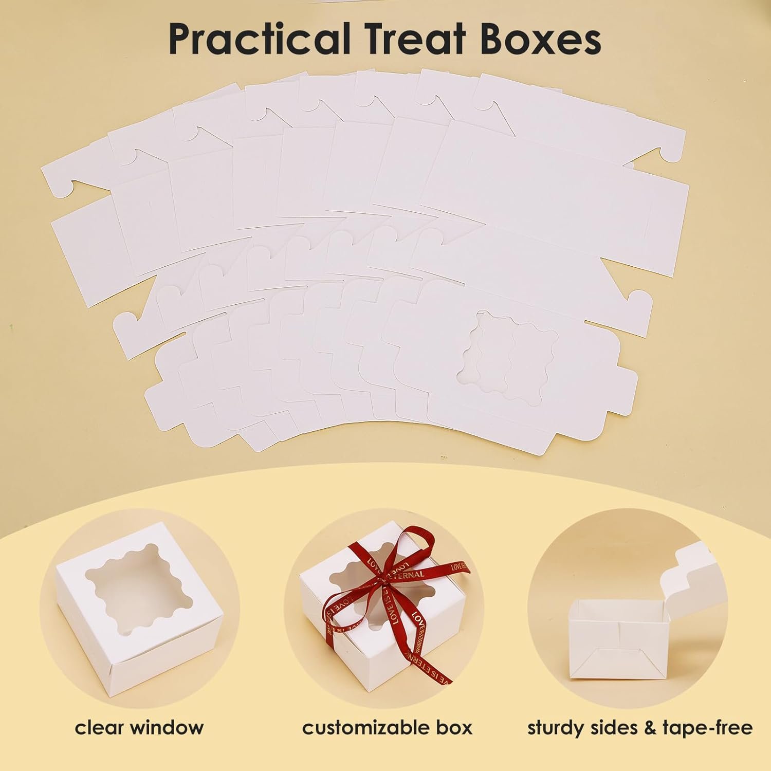 Saját Márkás Fehér Ablakos Süteménydobozok 24 db 10x10x6 cm Kis Matricás Pékdoboz Egyedi Logóval Kekszekhez Édességekhez Csokis Eprekhez Mini Tortákhoz Gyártótól