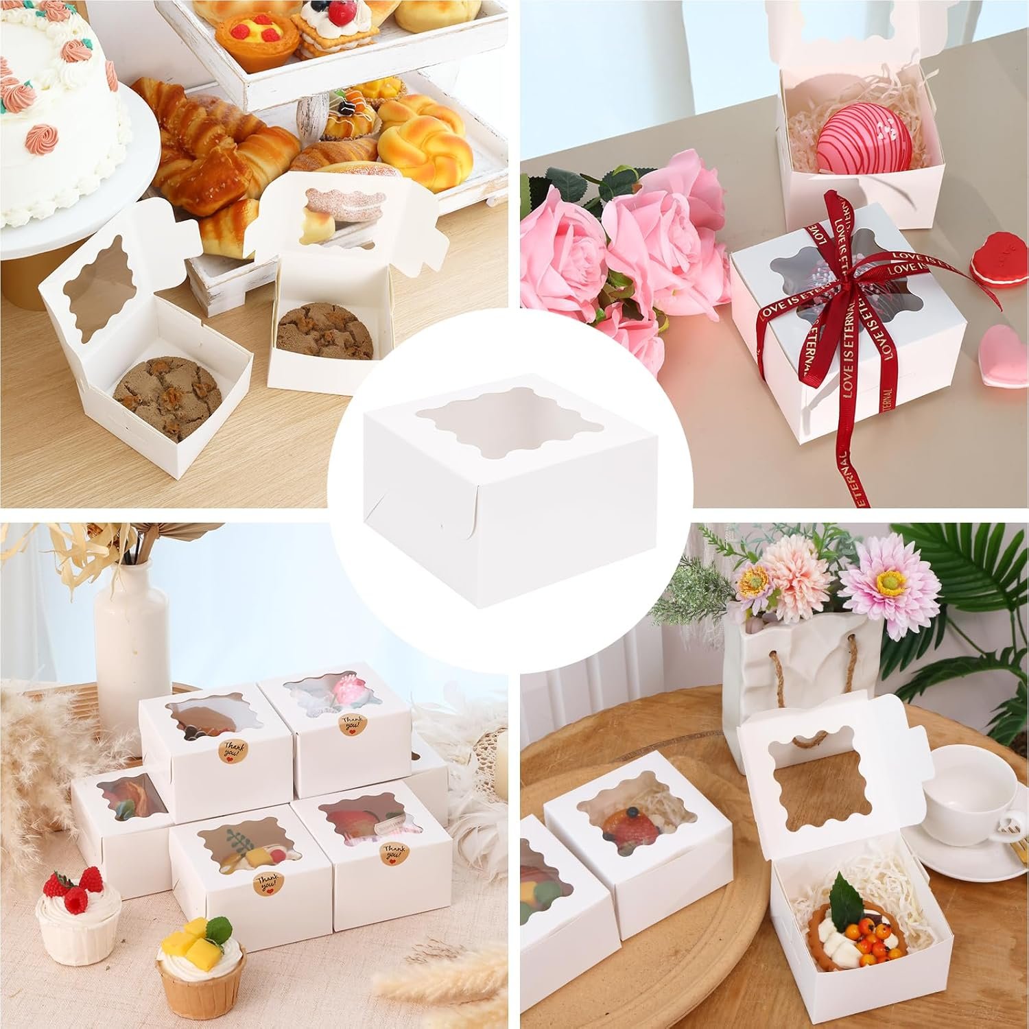 Saját Márkás Fehér Ablakos Süteménydobozok 24 db 10x10x6 cm Kis Matricás Pékdoboz Egyedi Logóval Kekszekhez Édességekhez Csokis Eprekhez Mini Tortákhoz Gyártótól