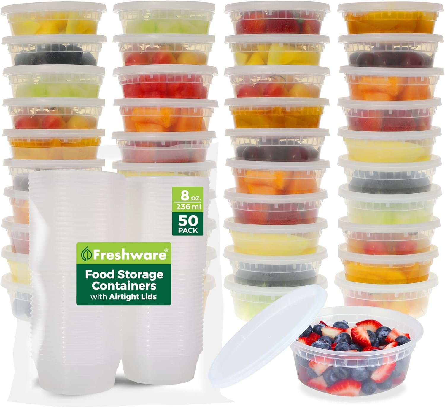 Saját Márkás [50 Szett] 8 oz Műanyag Deli Konténerek Tetővel Slime Leves Ételfelkészítő | BPA-Mentes | Halmozható | Szivárgásmentes | Mikro-/Mosogatógép-/Fagyasztóálló Egyedi Logóval Gyártótól