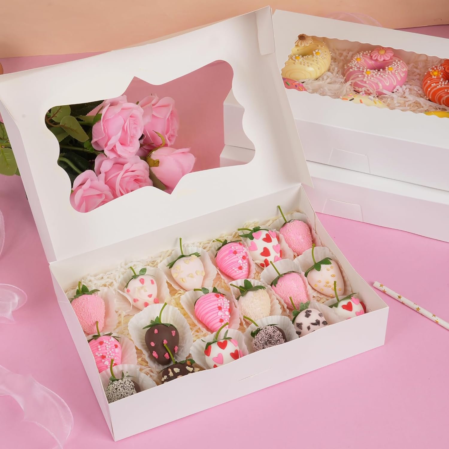 Saját Márkás 30 db 30x20x6 cm Automatikusan Kinyíló Süteménydoboz Egyedi Logóval 3 Féle Ablakkal Csokoládé Mázas Eper Fánk Péksütemények Csomagolásához Gyártótól