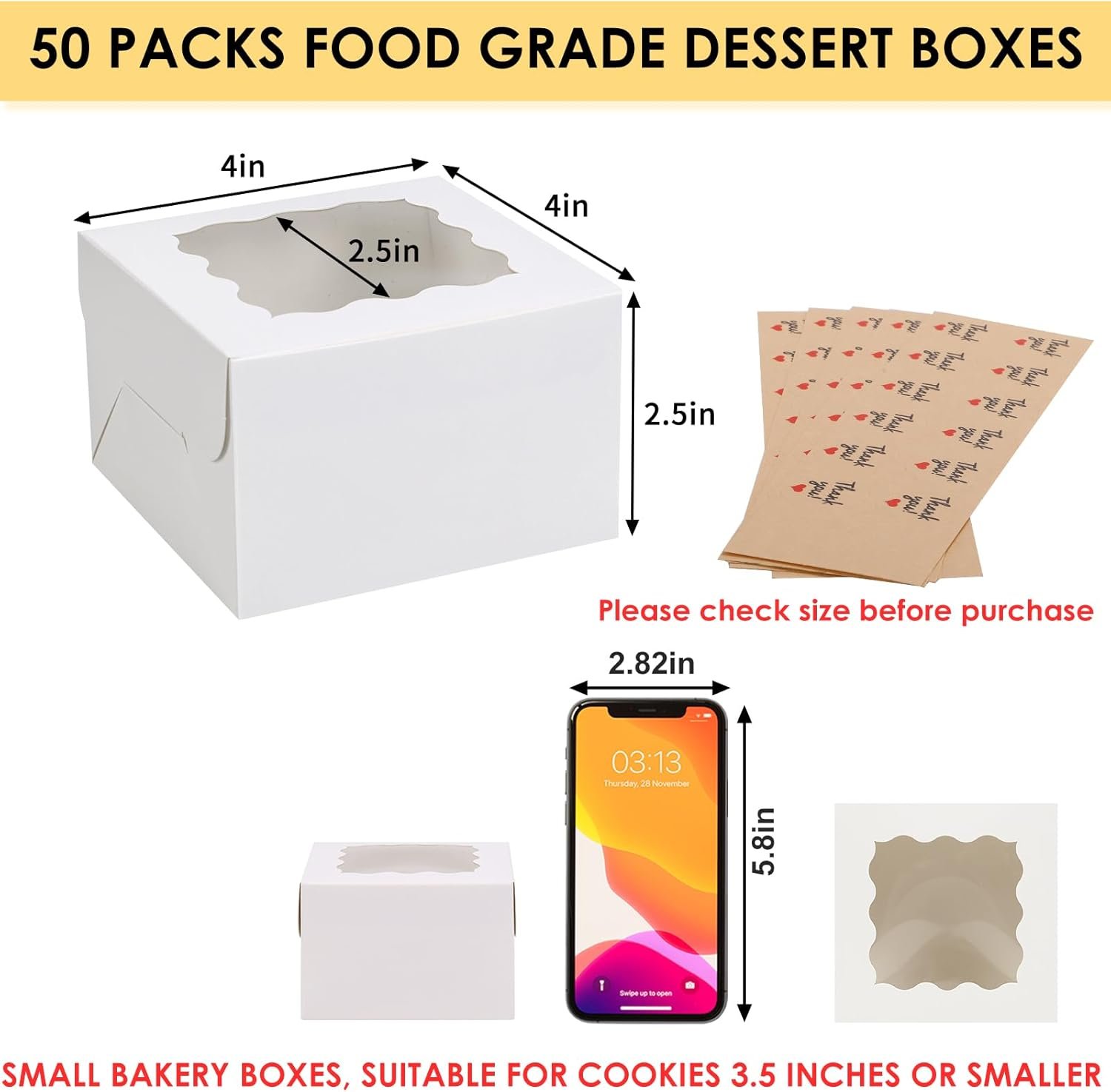 Saját Márkás Fehér Ablakos Süteménydobozok 50 db 10x10x6.5 cm 5 db Matricával Egyedi Logóval Kis Sütikhez Csemegékhez Desszertekhez Csokoládés Eperhez Mini Tortához Gyártótól