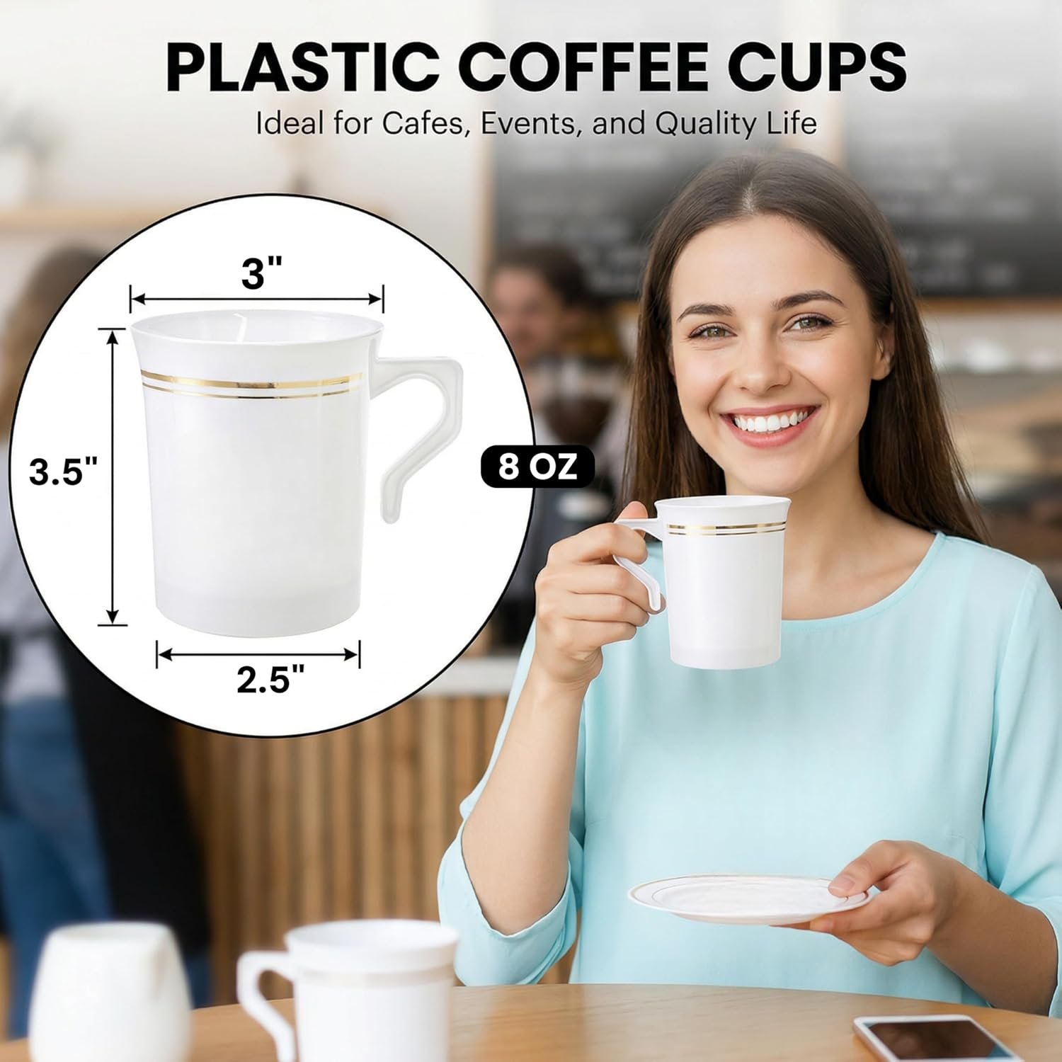 Saját Márkás 48 db 8 oz fogantyús arany peremű nehéz súlyú műanyag kávéscsészék egyedi logóval esküvőkre kávézókba menyasszonyi zuhanyra eljegyzési partira kempingre utazásra fehér gyártótól