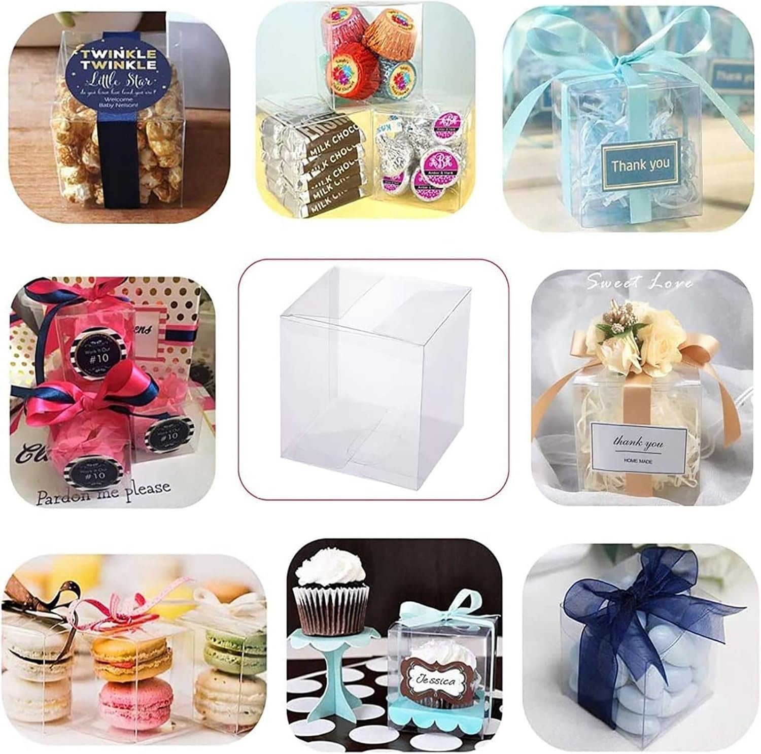 Egyedi Logó 15 db átlátszó téglalap alakú PVC favor ajándékdoboz 9,9x9,9x14 cm Saját Márkás esküvői parti cukorka cupcake anyák napja fesztivál csomagolás Gyártó