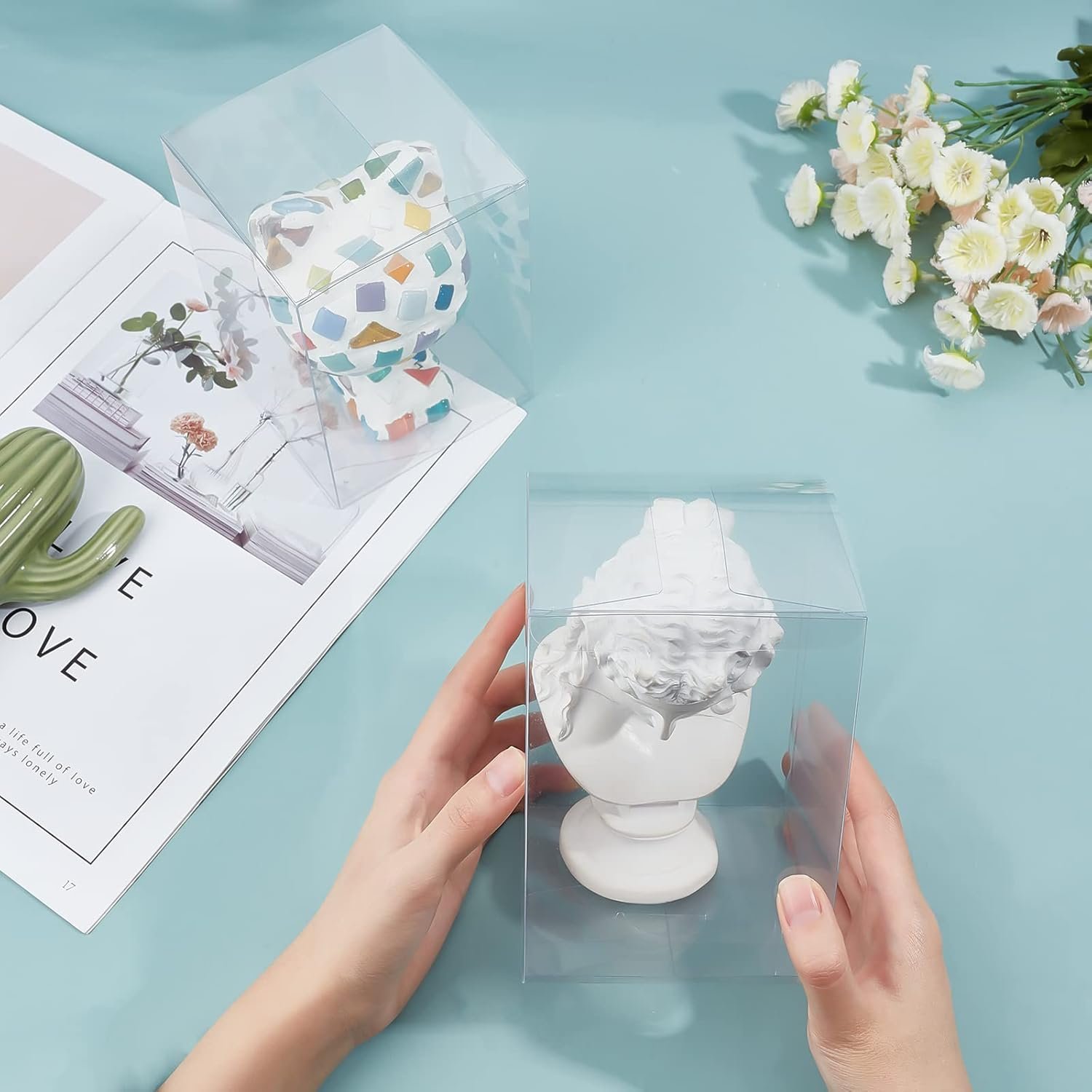 Egyedi Logó 15 db átlátszó téglalap alakú PVC favor ajándékdoboz 9,9x9,9x14 cm Saját Márkás esküvői parti cukorka cupcake anyák napja fesztivál csomagolás Gyártó