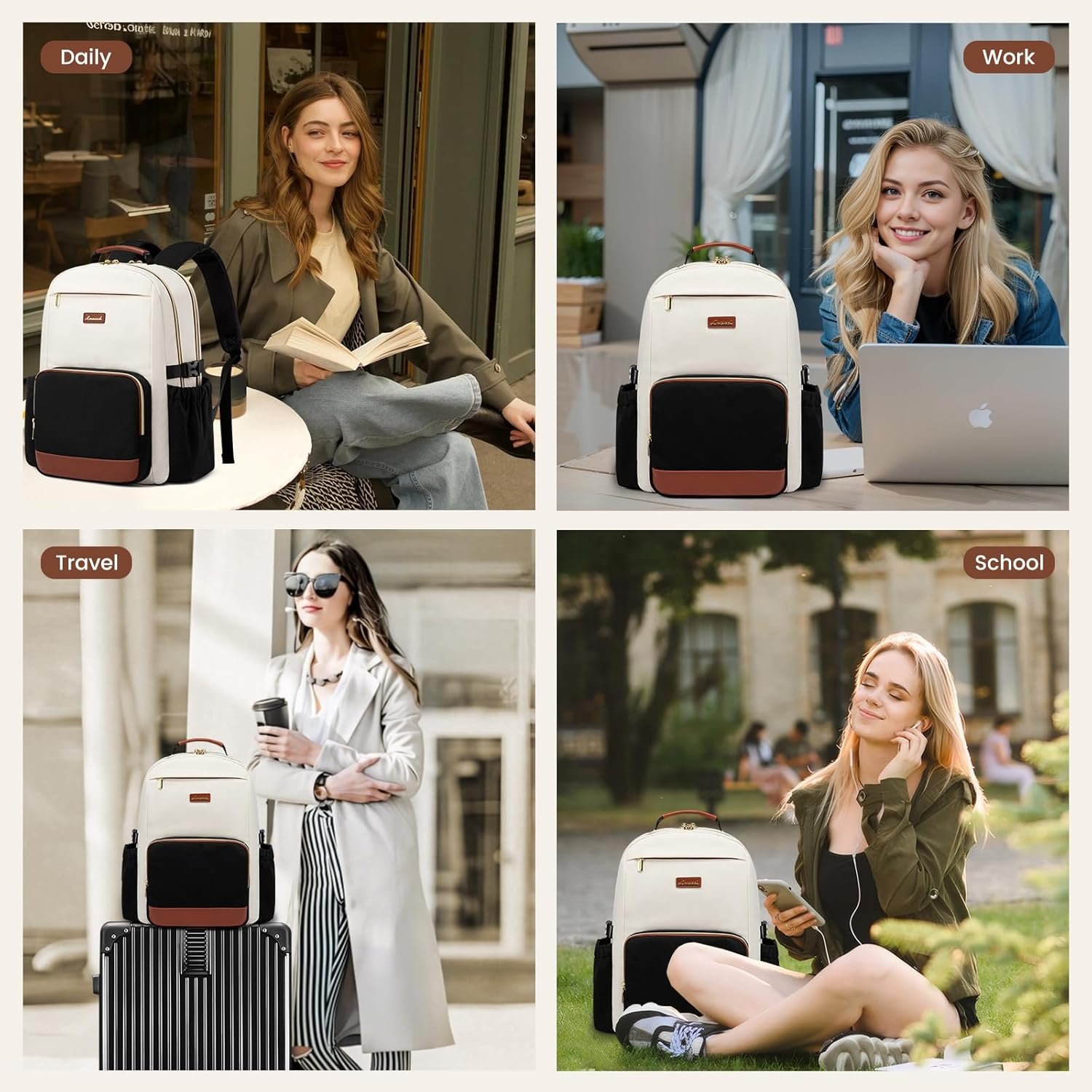 Egyedi logós női laptop hátizsák nagy kapacitású pohárzsebbel 15,6 hüvelykes laptopra saját márkás vízálló üzleti tanári utazótáska bézs-fekete-barna beszállítótól