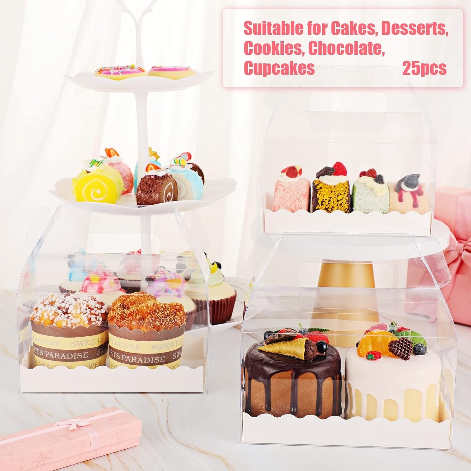 Saját Márkás Átlátszó Tetős Dobozok 25 Db Sütemény Ajándék Finomságdobozok Karton Fogantyúval Keksz Piskóta Cupcake Desszert Esküvő Partira Egyedi Logóval 6.3 x 3.6 x 3.6'' Beszállítótól