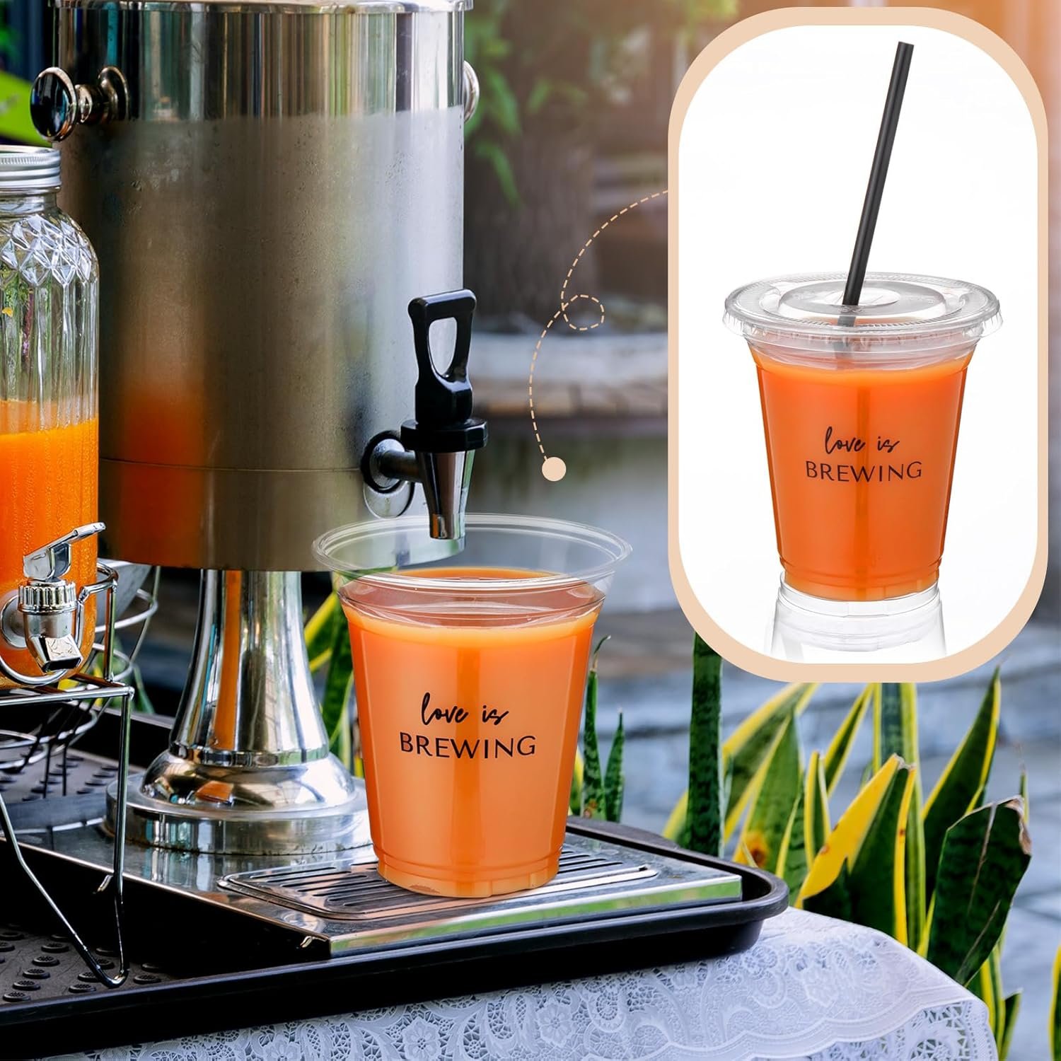 Saját Márkás esküvői 50 szettes átlátszó eldobható műanyag poharak Love Is Brewing fedéllel szívószállal Egyedi Logóval menyasszonyi zuhanyzó kávébár eljegyzési parti kellék Gyártótól