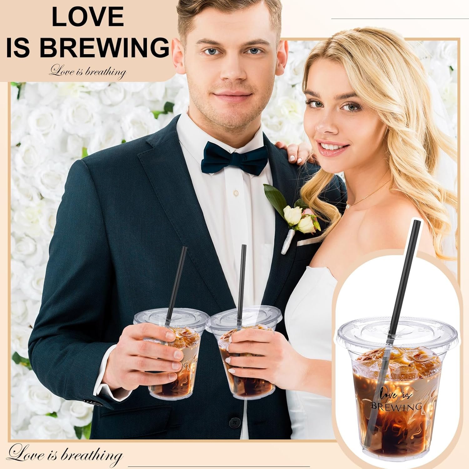Saját Márkás esküvői 50 szettes átlátszó eldobható műanyag poharak Love Is Brewing fedéllel szívószállal Egyedi Logóval menyasszonyi zuhanyzó kávébár eljegyzési parti kellék Gyártótól