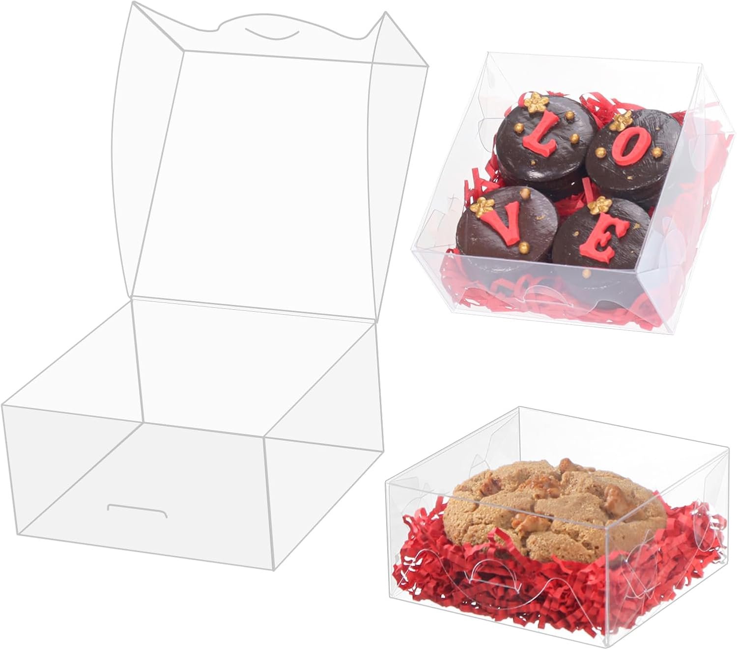 Saját márkás 50 db 4x4x2 hüvelyk átlátszó műanyag süteménydobozok egyedi logóval gyártótól keksz fánk szappan trüffel brownie torta csokoládé eper parti esküvői