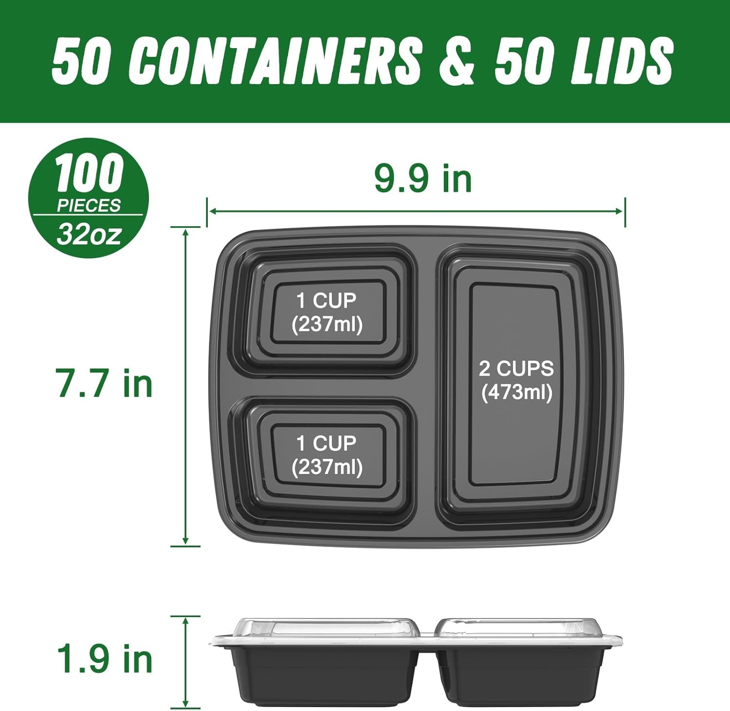 Saját márkás 50 csomag (100 db) 32 oz-os 3 rekeszes újrahasználható ételtároló doboz fedéllel egyedi logóval fekete szivárgásbiztos mikro- fagy- mosogatógép biztonságos gyártótól