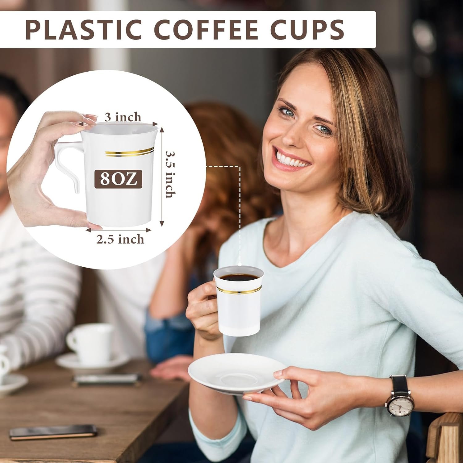 Saját Márkás Füles Peremes Műanyag Kávébögrék 48 db 8 oz Egyedi Logóval Egyszer Használatos Teáscsészék Espresszóhoz Esküvőre Fehér Arany Gyártó