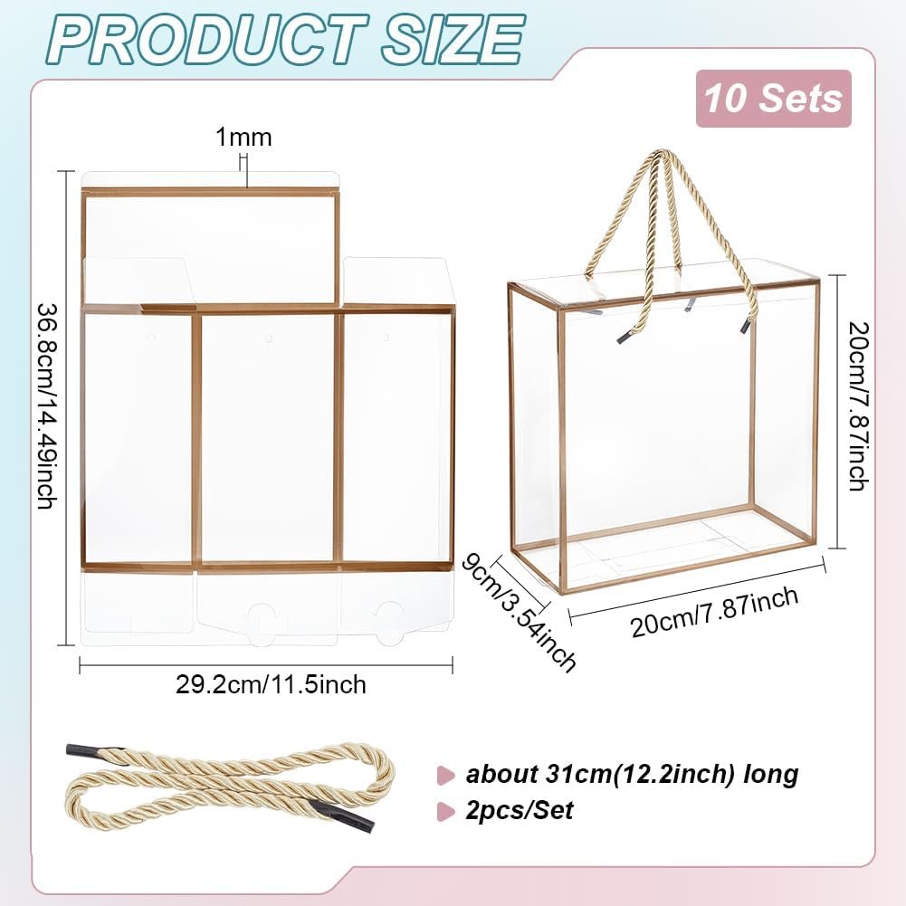 Saját márkás átlátszó PET műanyag ajándékdoboz 10 csomag 20x20x9 cm arany szegéllyel fogantyúval egyedi logós szalaggal anyák napjára születésnapra esküvői favorokhoz gyártótól