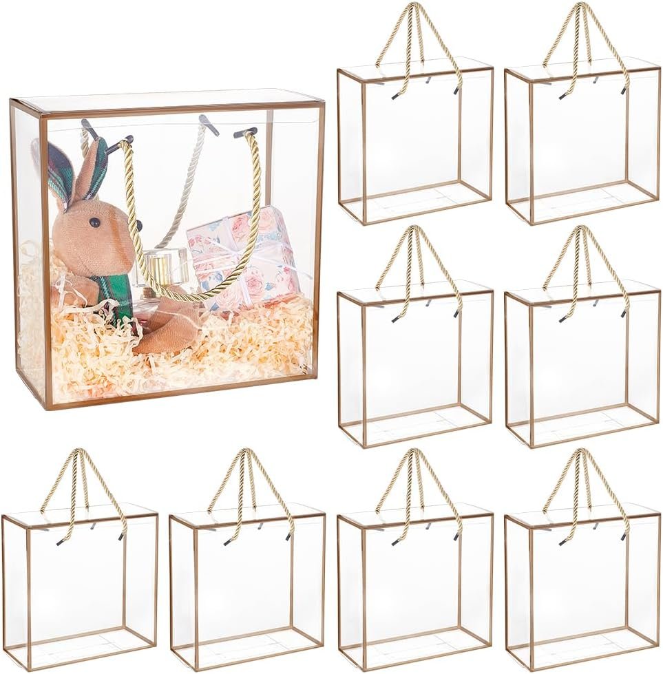 Saját márkás átlátszó PET műanyag ajándékdoboz 10 csomag 20x20x9 cm arany szegéllyel fogantyúval egyedi logós szalaggal anyák napjára születésnapra esküvői favorokhoz gyártótól