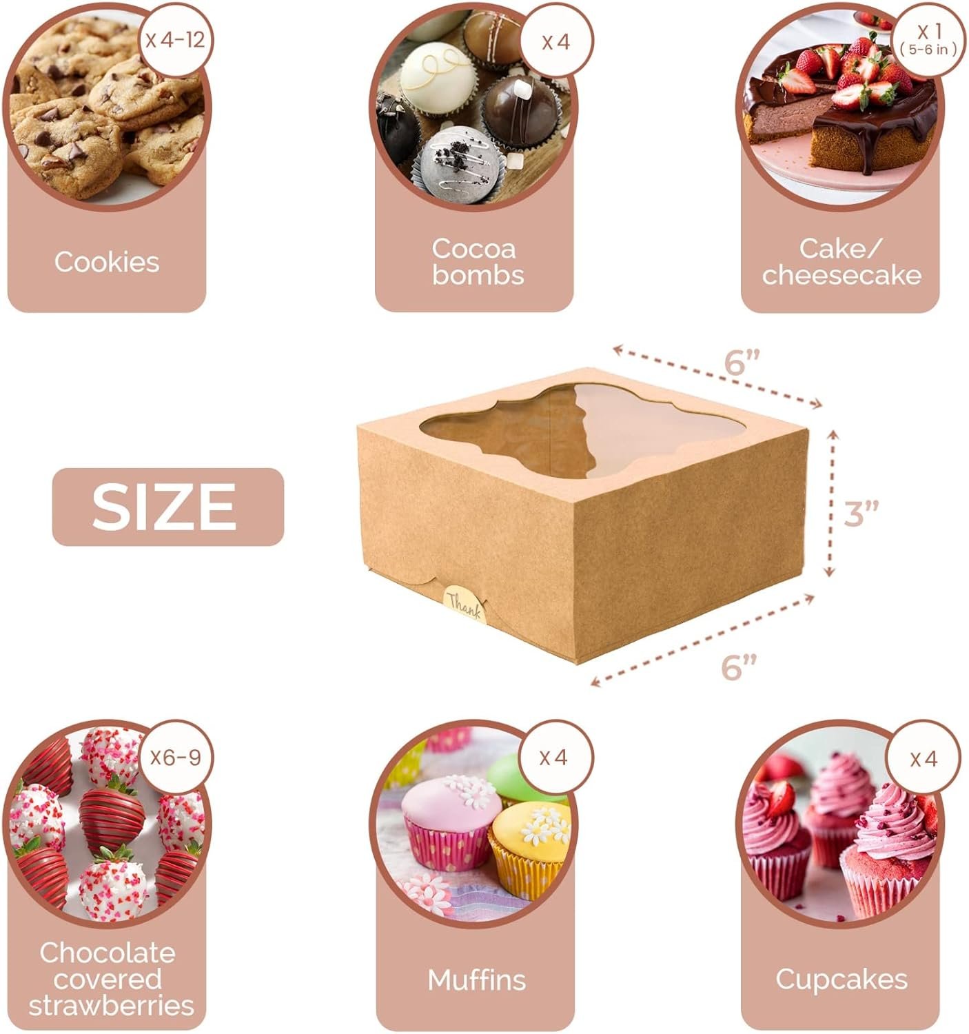 Saját Márkás 20 db 6x6x3 hüvelykes ablakos süti dobozok egyedi logóval – extra vastag kis pékkonténer ajándékozáshoz süteményekhez desszertekhez eperhez cupcake-ekhez cukorkához charcuterie-hez pékárukhoz piskótához gyártótól Saját Márkás 20 db 6x6x3 hüvelykes ablakos süti dobozok egyedi logóval – extra vastag kis pékkonténer ajándékozáshoz süteményekhez desszertekhez eperhez cupcake-ekhez cukorkához charcuterie-hez pékárukhoz piskótához gyártótól