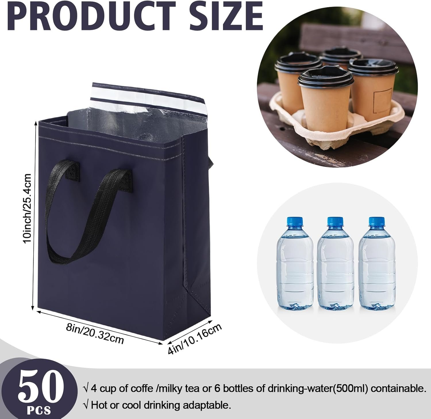 Saját Márkás Hőszigetelt Termotáskák Egyedi Logóval 50 Db 10 x 8 x 4 Inch Bulk Ételszállítás Meleg Hideg Étel Kávé Tej Tea Friss Tenger Gyümölcsei Vendéglátás Étterem Nagykereskedés Tengerészkék Gyártó