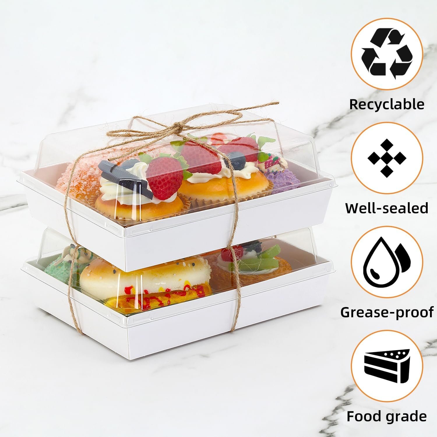 Egyedi logóval ellátott 7x5x2.5 charcuterie dobozok átlátszó tetővel nagy eldobható pékáru desszert dobozok gyárból elvitelre étel konténerek csokoládé szendvics keksz cupcake sütemények saját márkával 25 db fehér