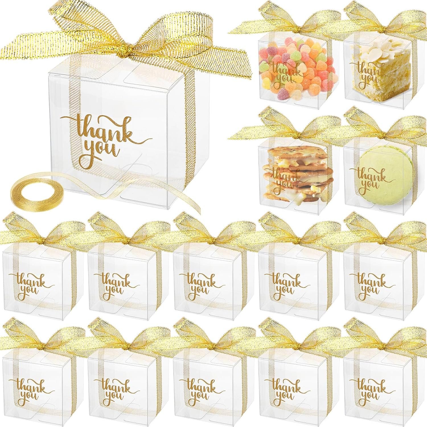 Saját Márkás 200 db átlátszó műanyag 5x5x5 cm köszönő doboz fedél szalag egyedi logó cukorka macaron desszert cupcake parti favor ajándék kiegészítők gyártó