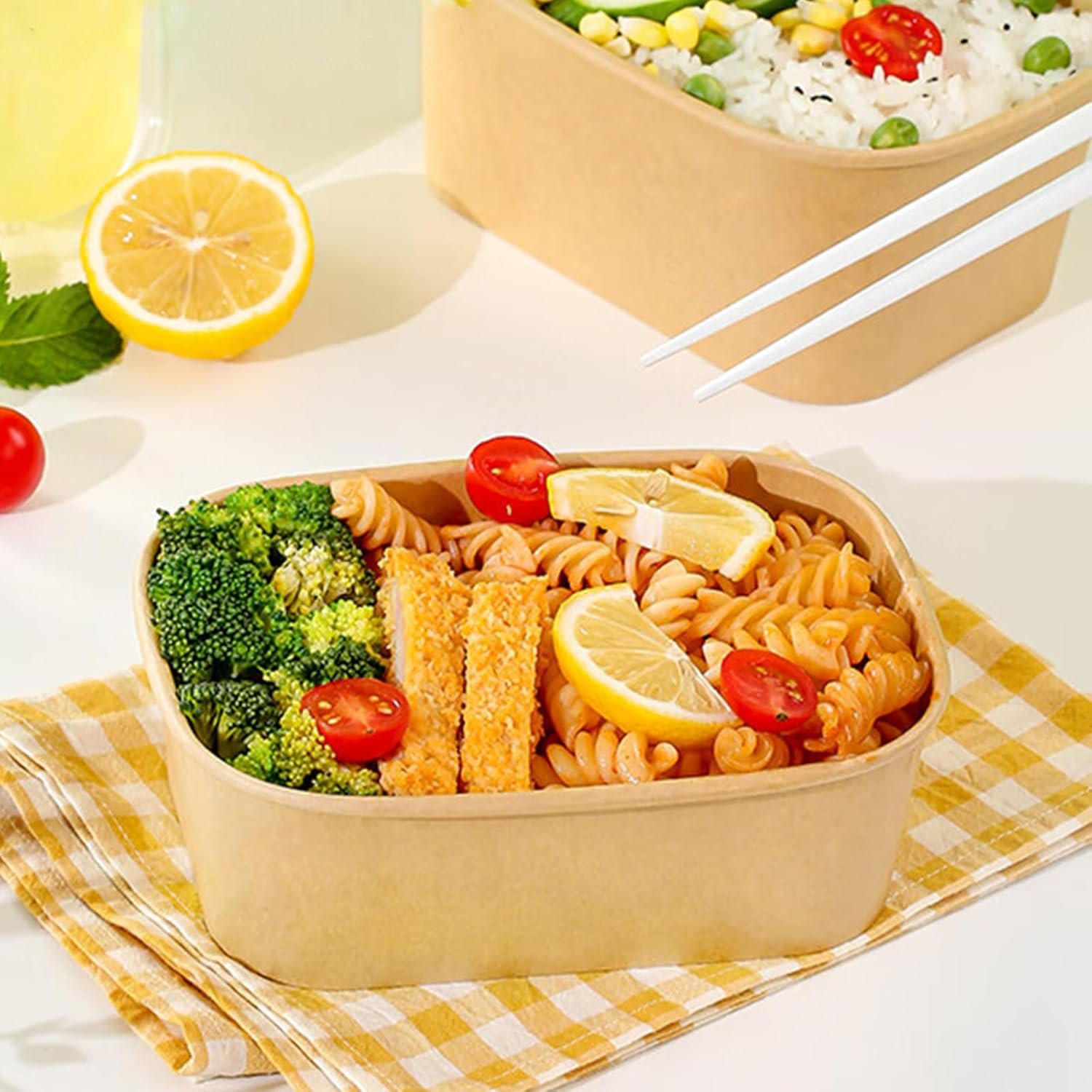 Saját Márkás 50 db 25 OZ Kraft Papír Saláta Tál Fedéllel Egyedi Logóval Zsírálló Téglalap Alakú Leves Tál Ételfelkészítés Nasi Elvitel Mikró Fagyasztó Biztonságos Gyártótól