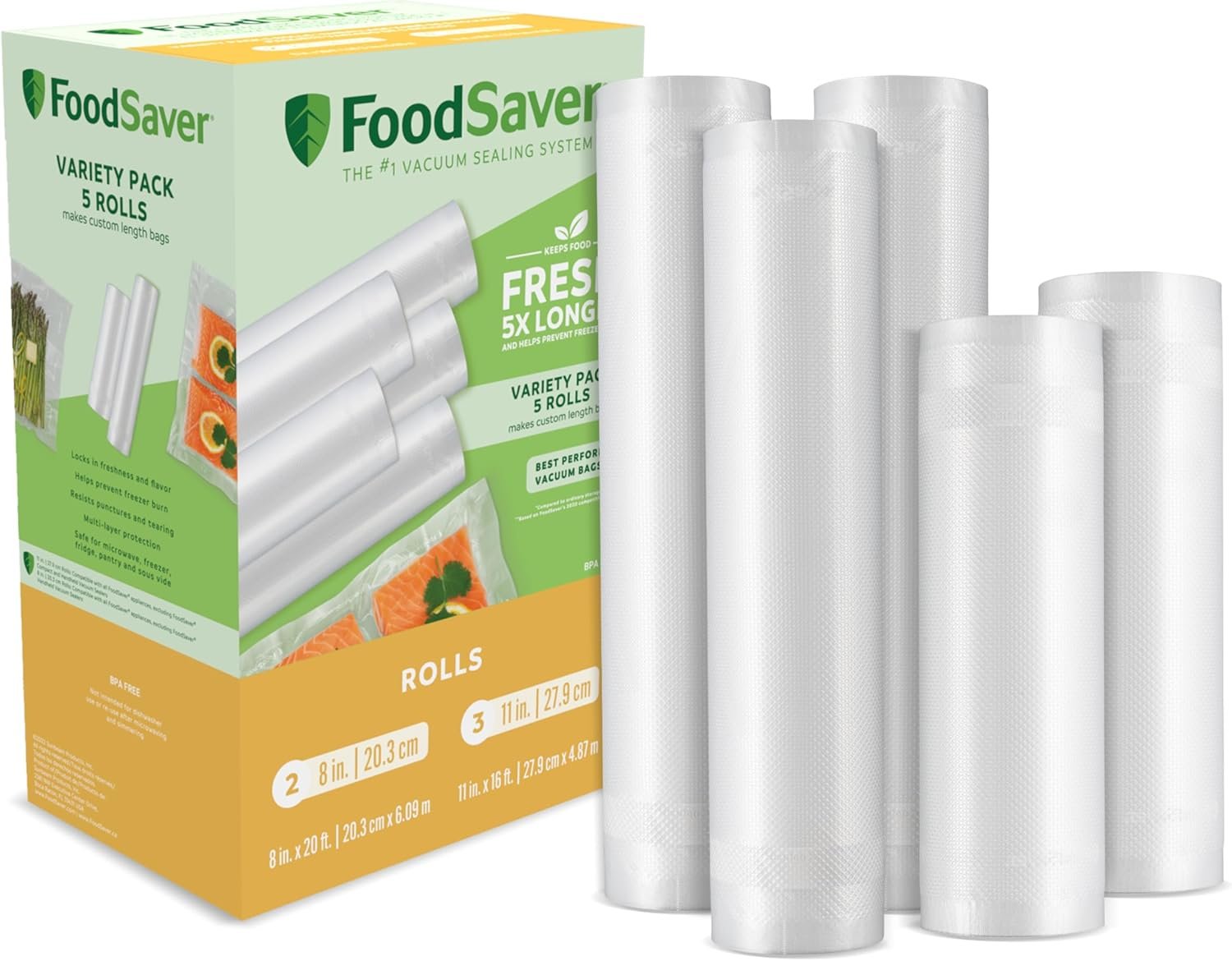 Saját Márkás egyedi hosszúságú vákuumzáró tasak multipack Egyedi Logóval 5 db tekercs légmentes tárolásra és sous vide 8 (2 db) és 11 (3 db) Gyártótól
