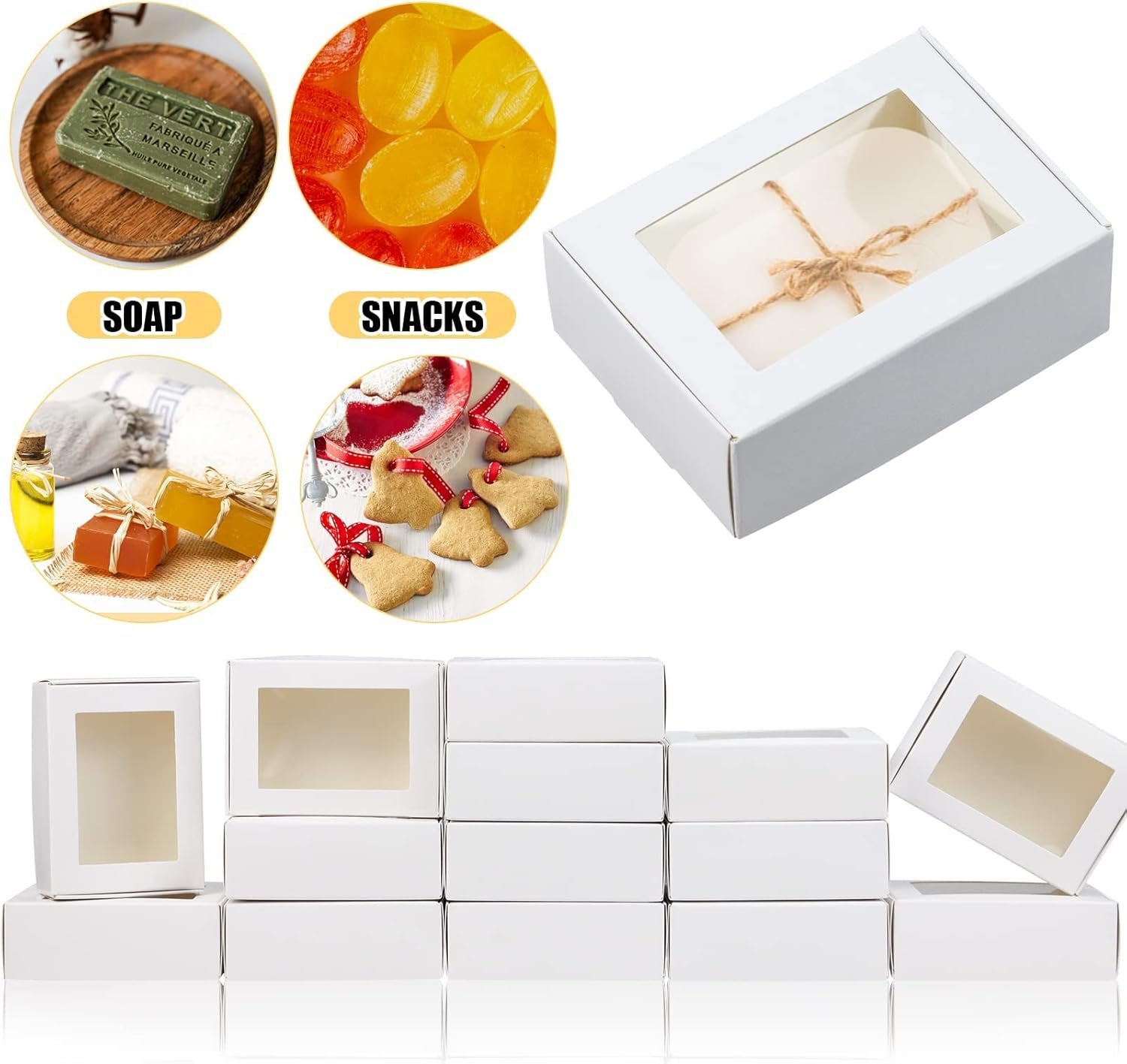 Saját márkás ablakos mini kraft dobozok egyedi logóval 50 db 8,5x6x3 cm kis szappan doboz házi szappan papír ajándékdoboz nagy tétel fehér cukorka keksz party favor anyák napi gyártótól