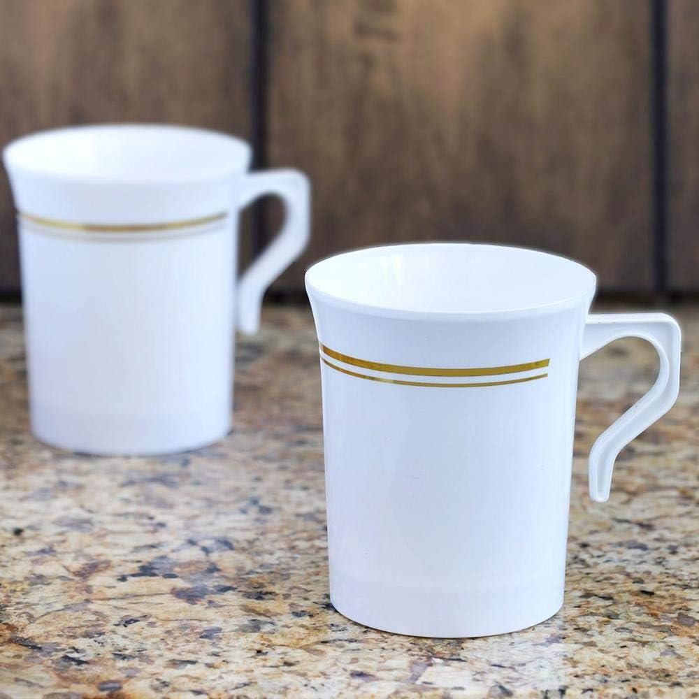 Közvetlen Gyártó 50 db Nehéz Súlyú Egyszer Használatos Fehér Műanyag 8 oz Kávéscsészék Arany Szegéllyel Egyedi Logóval Fogantyús Tea Cappuccino Espresso Csészék Saját Márkás (50 Csomag)