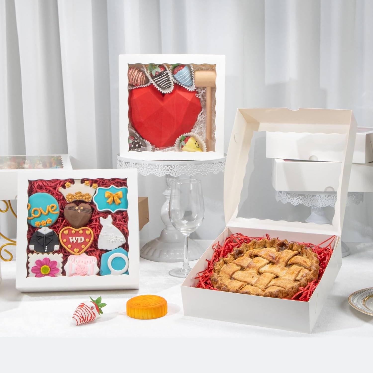 Saját márkás 50 db 9x9x2.5 hüvelykes fehér süteménydobozok egyedi logóval - keksz / pite / csokoládé mázas eper / törhető szív / charcuterie - Valentin & Karácsony gyártótól
