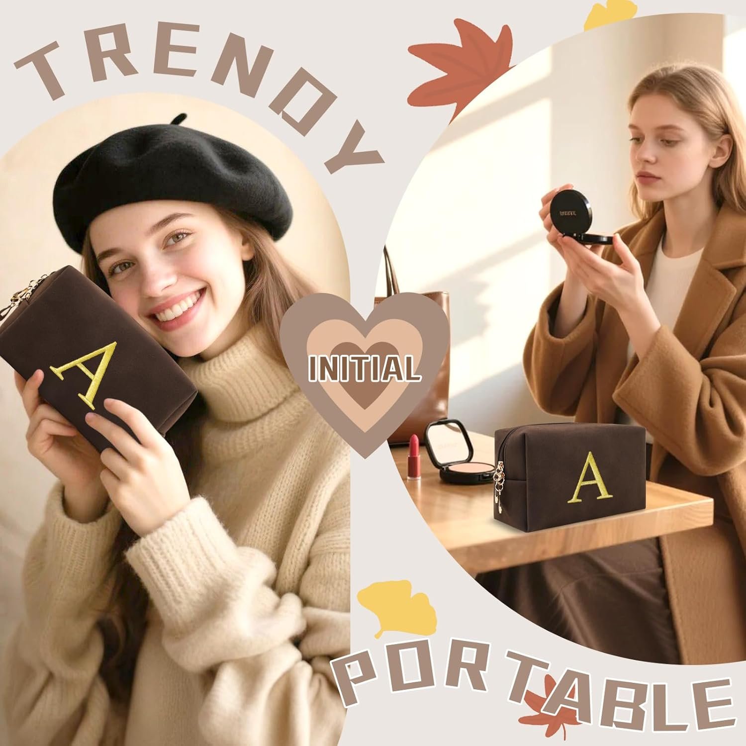 Saját Márkás Preppy Velúr Sminktasak Tinilányoknak Személyre Szabott Arany Hímzésű Monogrammal Egyedi Logóval Kis Úti Pipere Táska Nőknek Karácsonyi Ajándék Gyártótól (Kávé-A)
