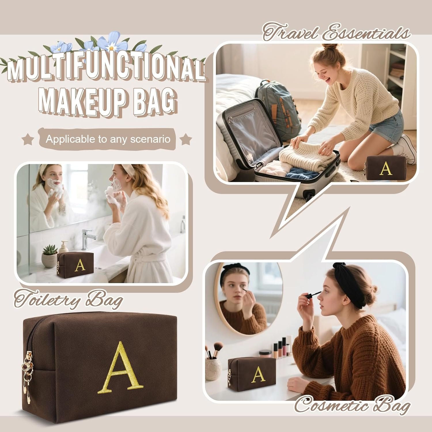 Saját Márkás Preppy Velúr Sminktasak Tinilányoknak Személyre Szabott Arany Hímzésű Monogrammal Egyedi Logóval Kis Úti Pipere Táska Nőknek Karácsonyi Ajándék Gyártótól (Kávé-A)