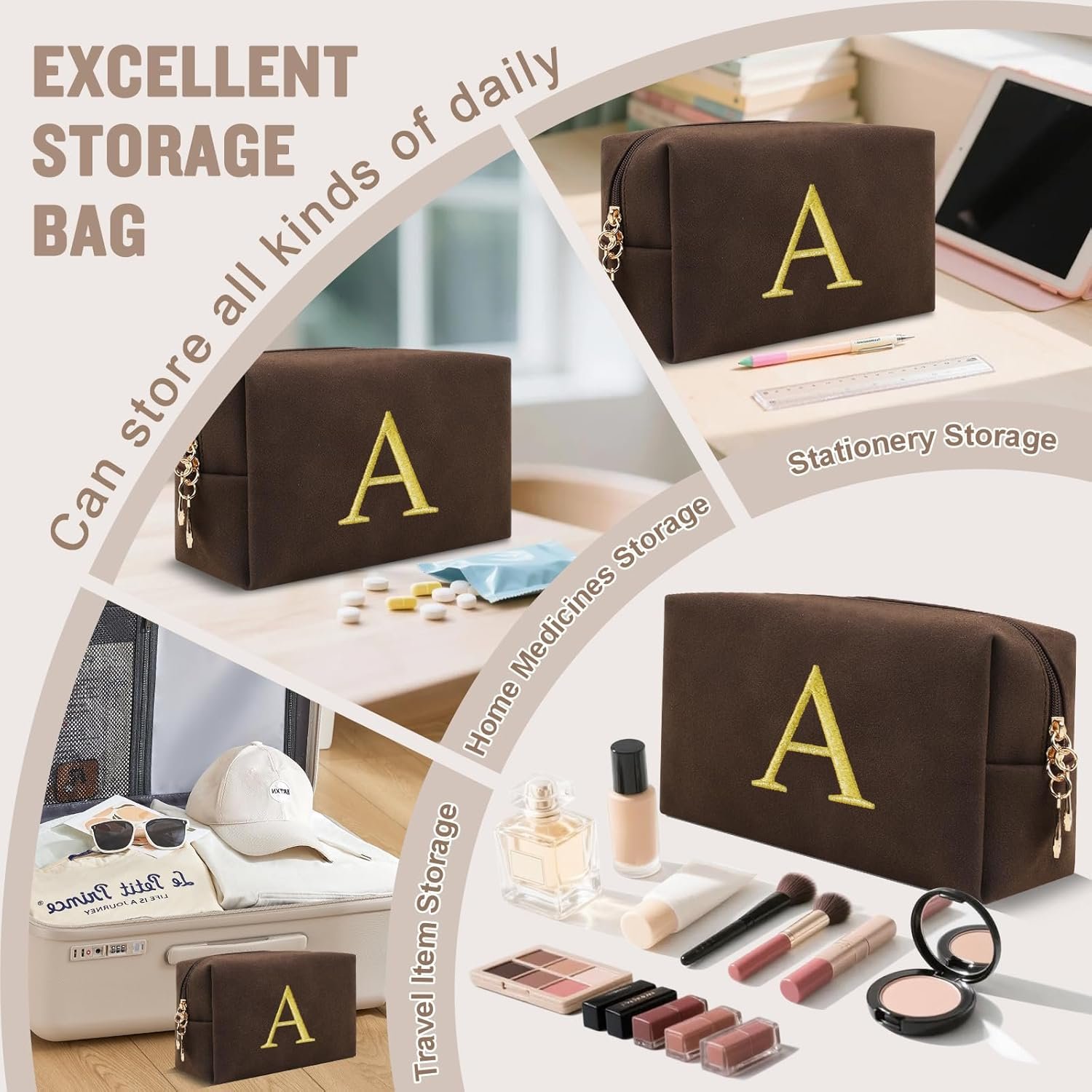 Saját Márkás Preppy Velúr Sminktasak Tinilányoknak Személyre Szabott Arany Hímzésű Monogrammal Egyedi Logóval Kis Úti Pipere Táska Nőknek Karácsonyi Ajándék Gyártótól (Kávé-A)