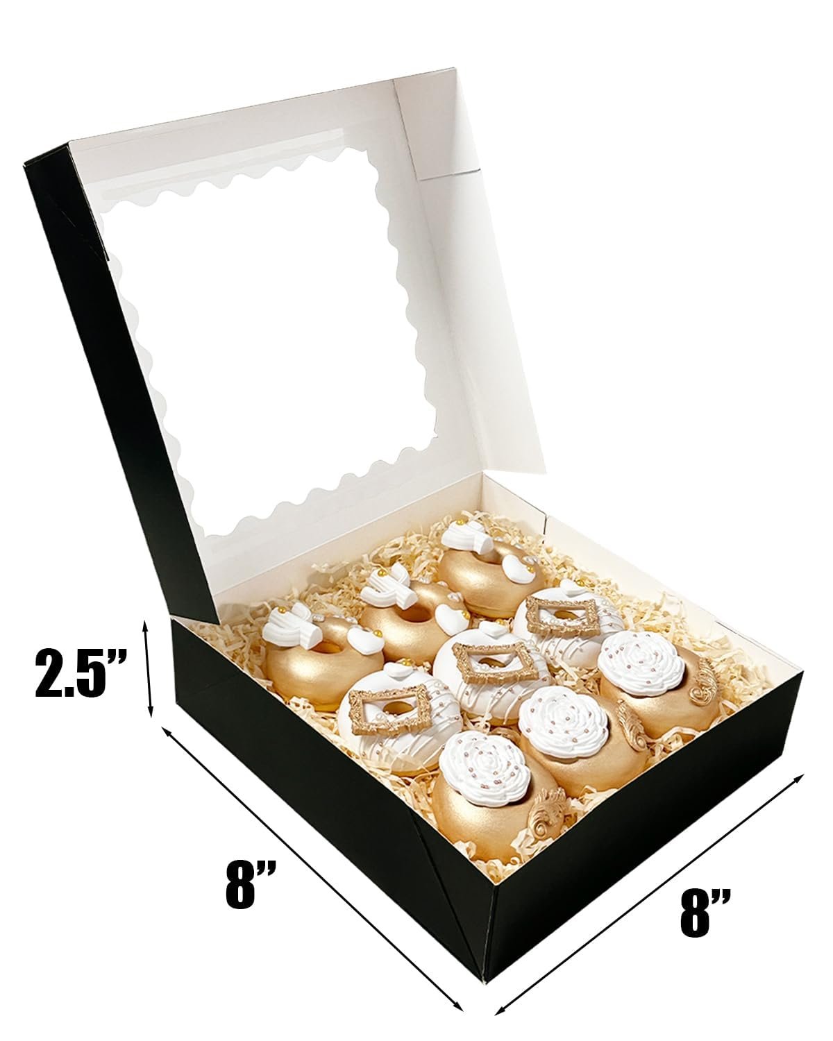 Egyedi logós 55 db fekete 8x8x2.5 hüvelykes ablakos pite dobozok saját márkás pop-up makaron keksz cukrászati gyártótól