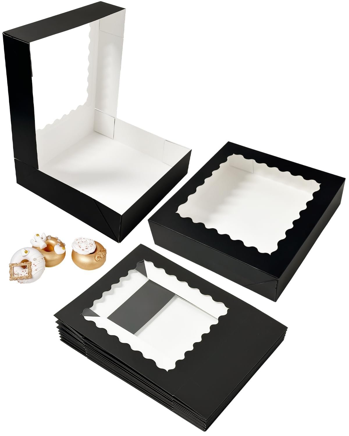 Egyedi logós 55 db fekete 8x8x2.5 hüvelykes ablakos pite dobozok saját márkás pop-up makaron keksz cukrászati gyártótól