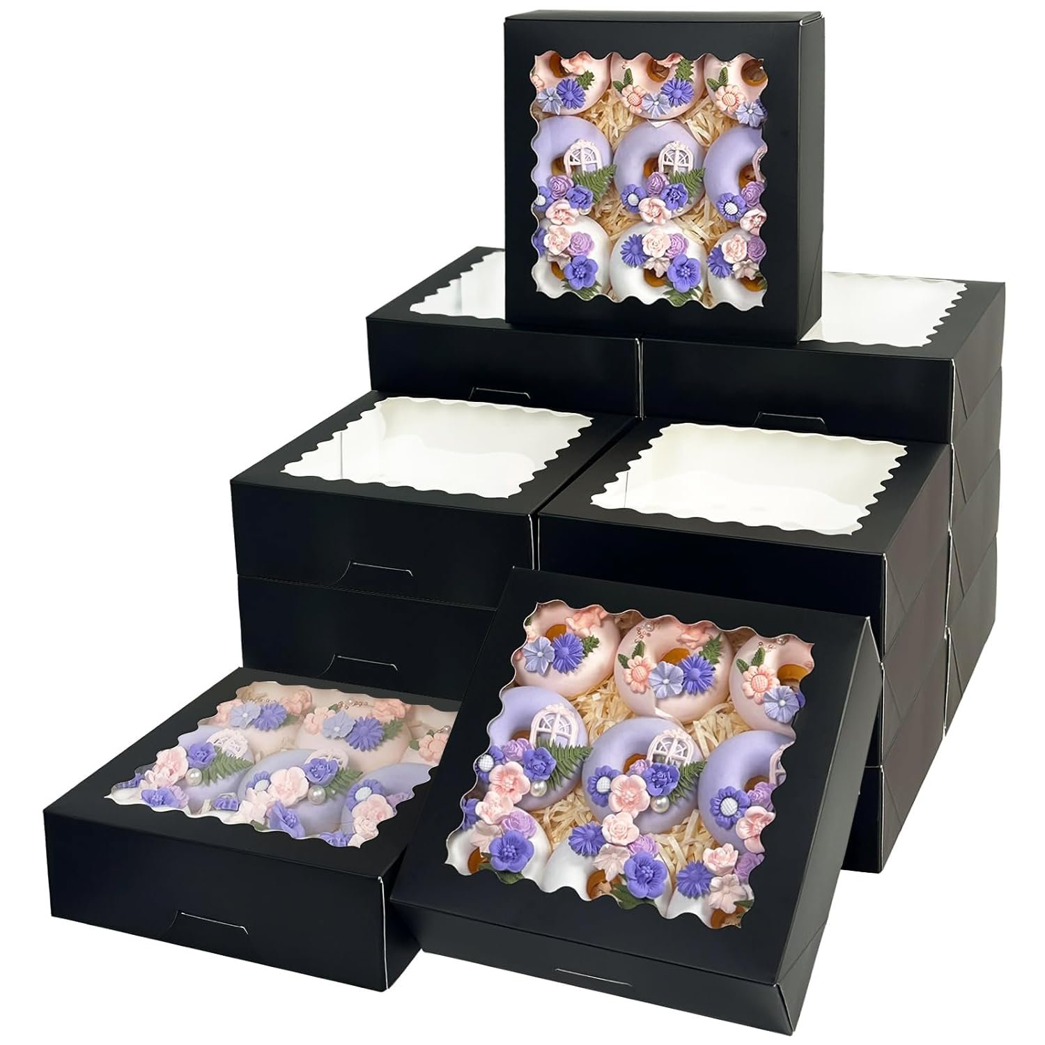 Egyedi logós 55 db fekete 8x8x2.5 hüvelykes ablakos pite dobozok saját márkás pop-up makaron keksz cukrászati gyártótól