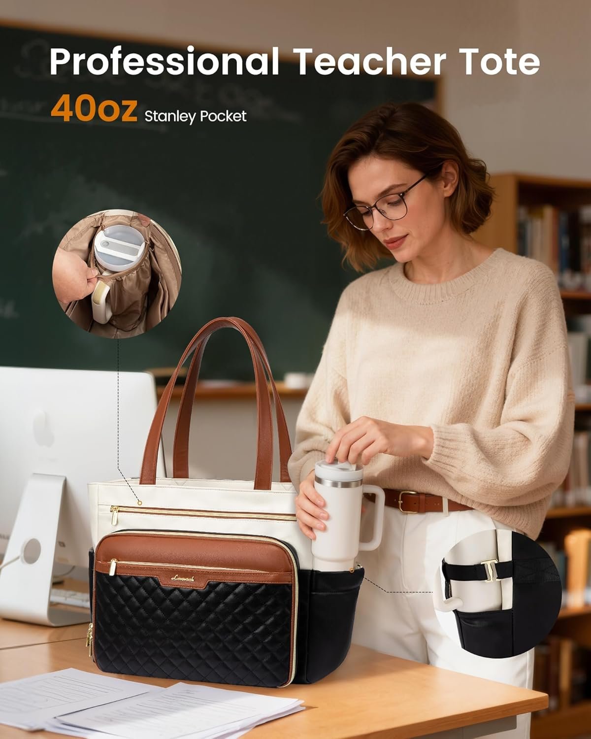 Egyedi logós tanári tote táska harmonikás mappa zsebbel saját márkás puha PU bőr steppelt laptop aktatáska nagy bögrétartóval beszállítótól