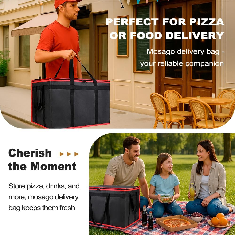 Egyedi Logós hőszigetelt ételkiszállítási táska újrahasználható termikus hűtőtáska cateringhez kiszállításhoz pizza hordozó nagy kapacitással saját márkás kereskedelmi eseményekre ételt forrón hűvösen tartó fekete piros szegéllyel 1 db gyártótól